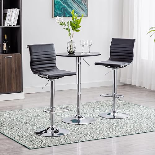 Miniatura 4 de Juego de 2 taburetes de bar de metal con altura ajustable, diseño moderno de piel sintética negra, con base cromada, para isla de cocina, bar,