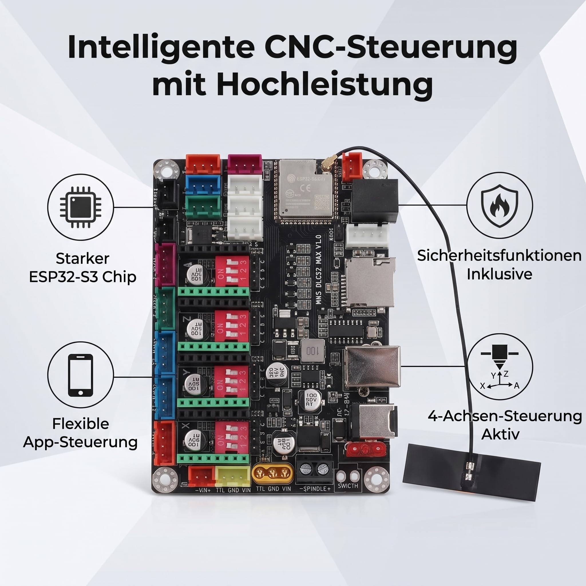 Ejoyous GRBL 4 Achsen 32 Bit CNC Controller Board ESP32S3 Gravurautomat Expansion Motherboard mit WiFi App Support Offline-Gravur für CNC-Laserstecher 12V-24V 10A 30000 Mm/min