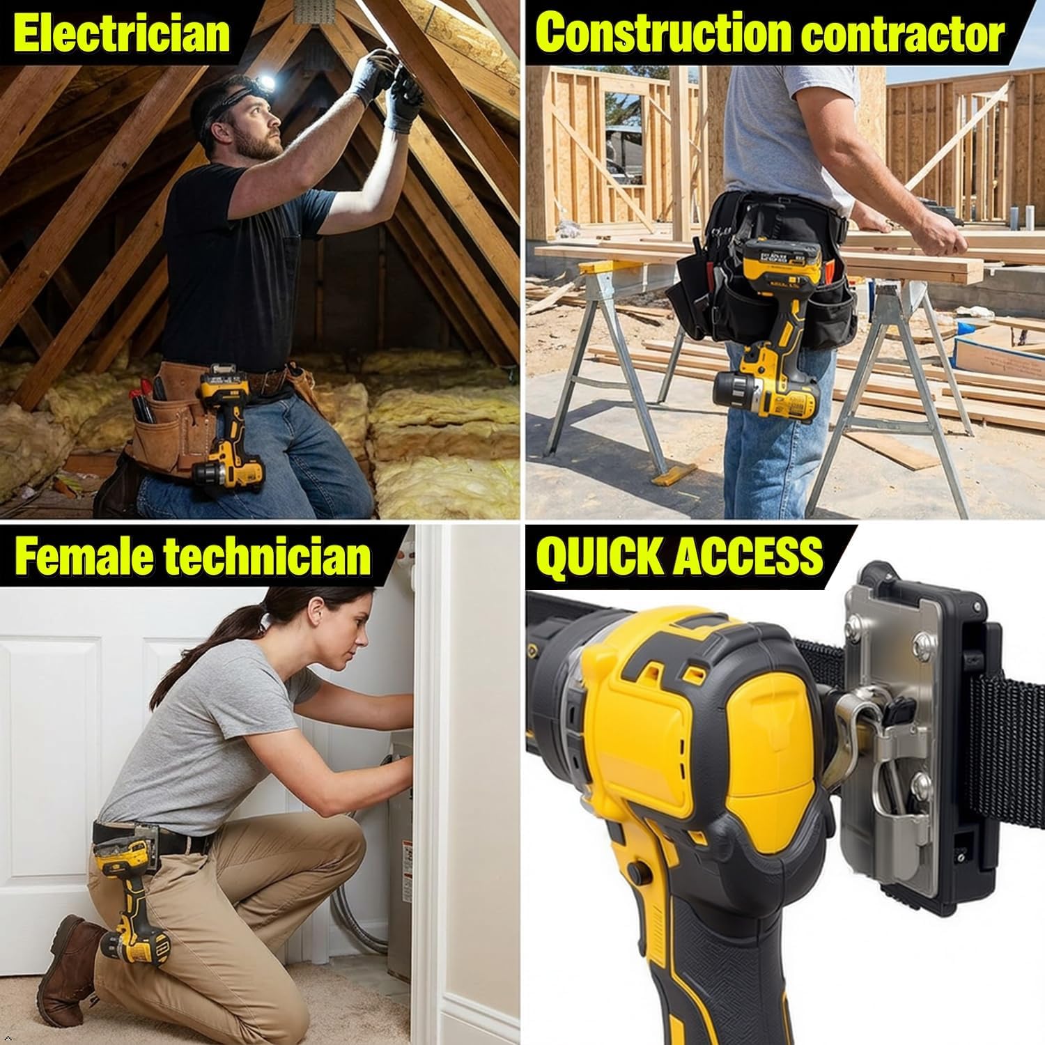 Drill Holder Belt Clip, Quick Access Eletric Drill Clip on Belt | Stainless steel hook holster for cordless drill driver and tape measure,adjustable belt width tool holsters,construction work
