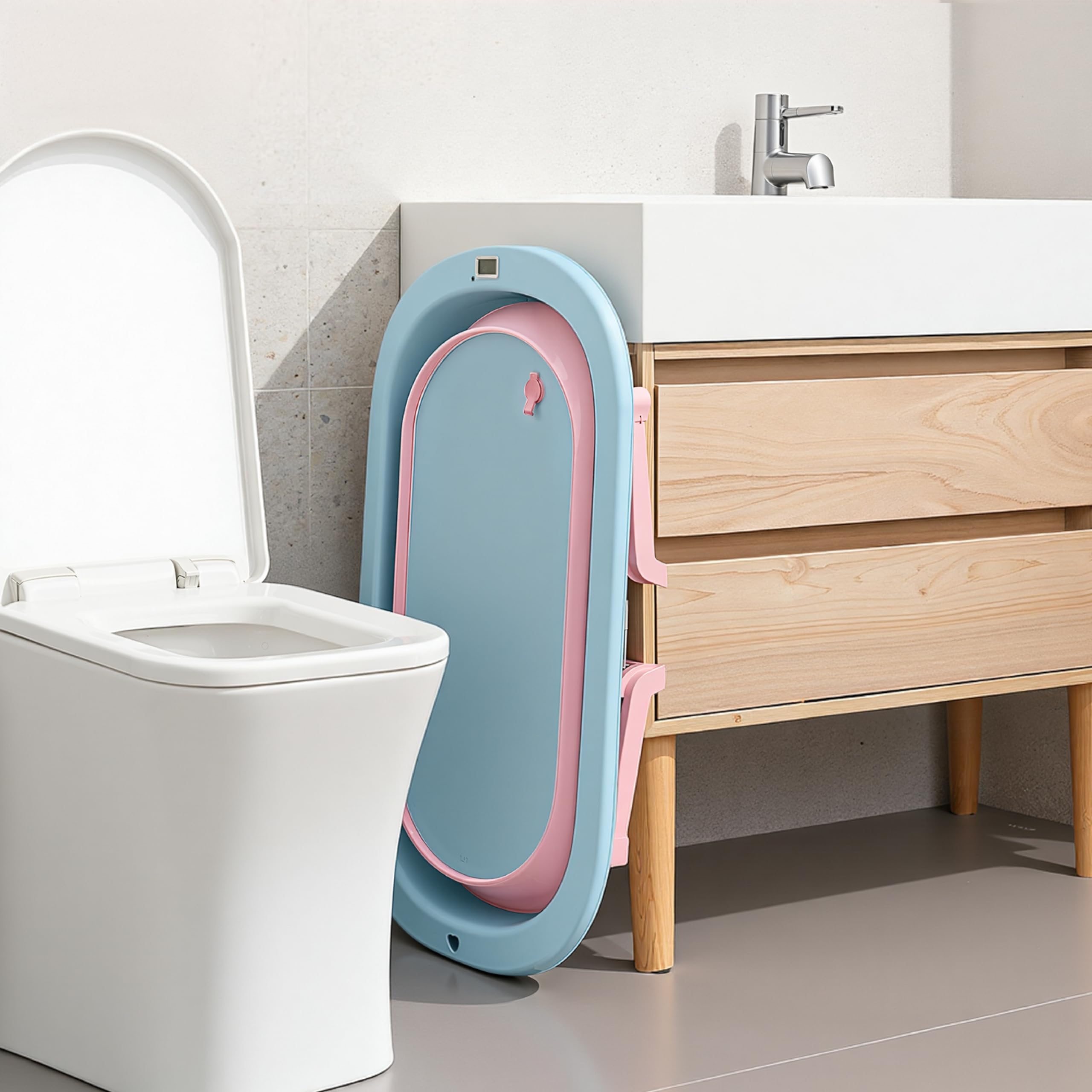 Cockatoo-Kids DripDrop Foldable Baby Bath Tub with Thermistor, Pillow & Soap Box – Portable Newborn to 6 Years Tub, Non-Toxic PP, Anti-Slip Base, 40kg Capacity – Travel & Home Use, Blue & Pink - Image 7 thumbnail