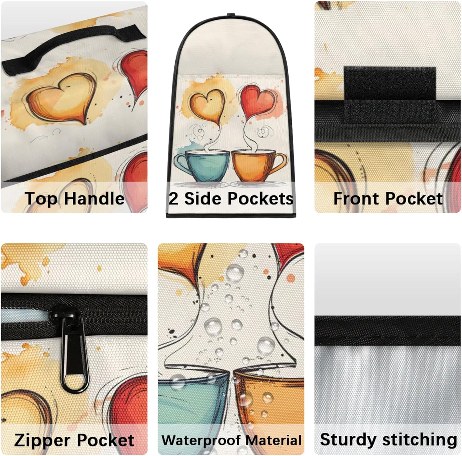 Kitchen Aid Mixer Cover, Dust Covers for Stand Mixer Coffee Maker, Kitchen Mixers Accessories Blender Covers with Top Handle and Zipper Pocket for Extra Appliances 6-8 Quarts (Hearts Coffee Cups)