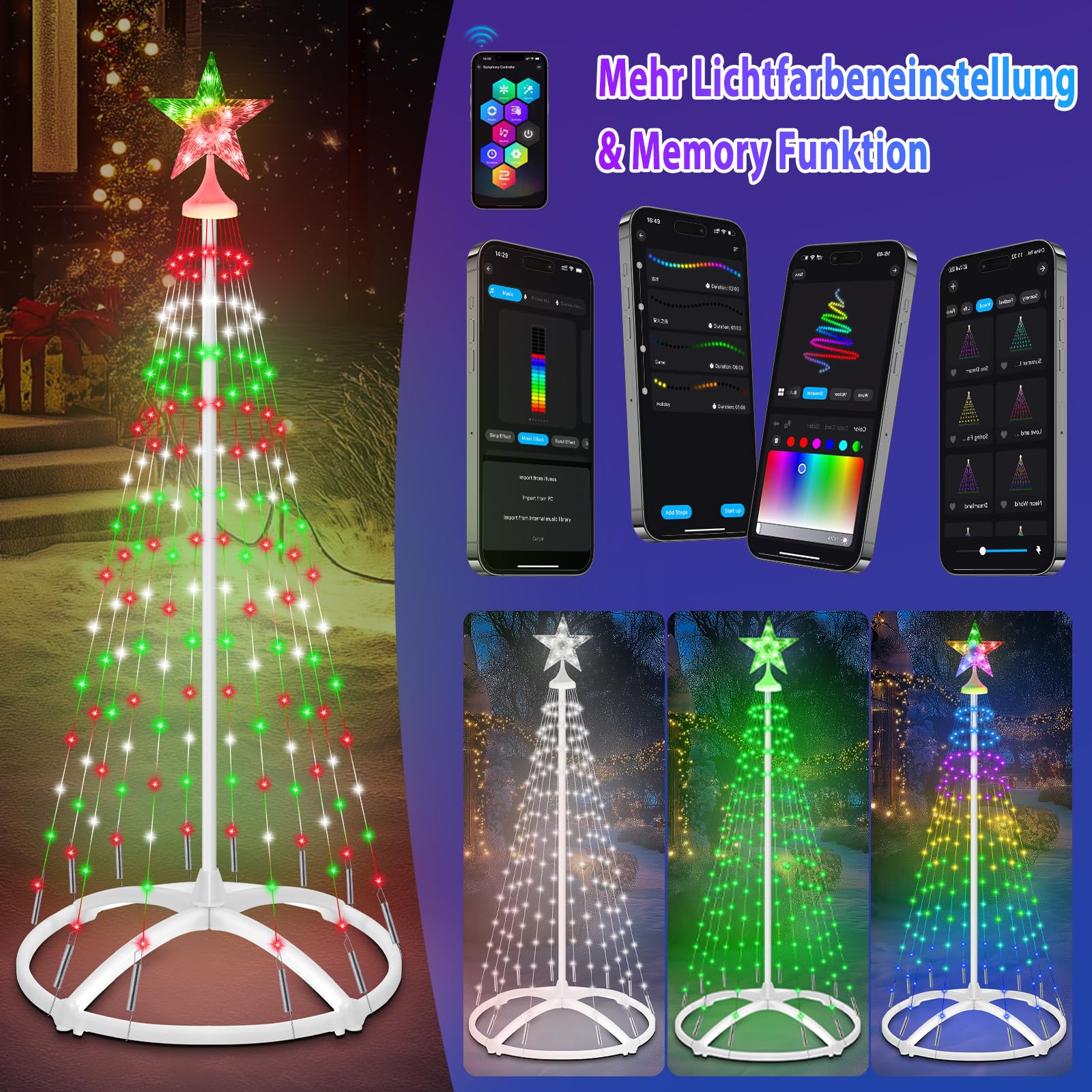 1.5M Luci Albero di Natale Smart con APP, 166LED Luci Albero Natale da Esterno con Stella,Conico RGB Multicolore,con Telecomando/APP per Decorazione Giardino e Balcone