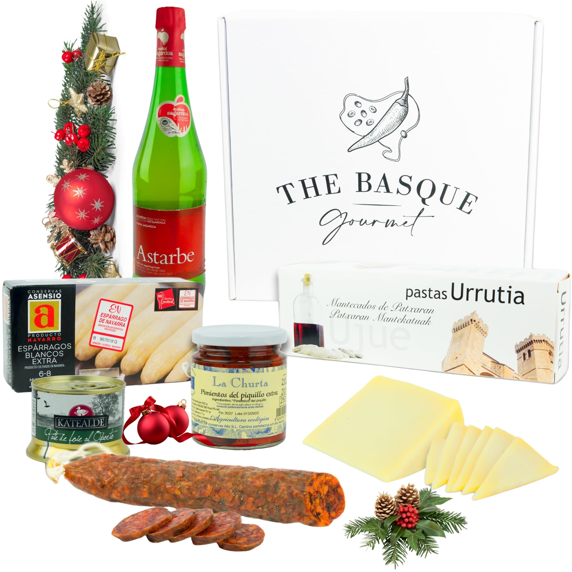 THE BASQUE Gourmet Set Regalo Natalizio - Cesto per Natale con Formaggio, Asparagi, Peperoni Piquillo, Paté di Fegato, Chorizo, mantecado, Sidro naturale - Regalo Di Lusso- Lotto 2