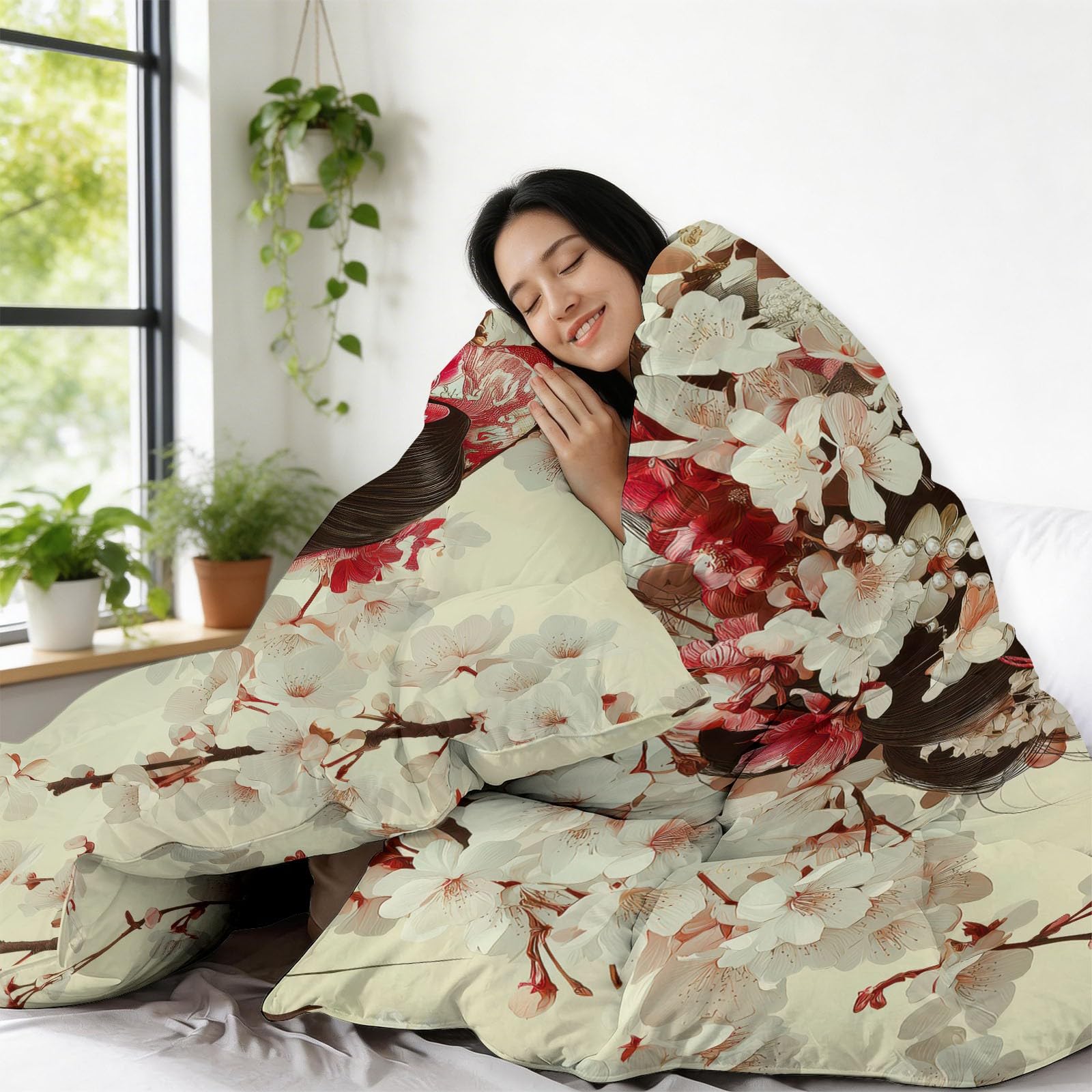 Bettdecke 200 x 200 cm Ganzjahresdecke 4 Jahreszeiten, Japanische Geisha Blumen Bettdecke ohne Bezug 400 GSM Wende Steppdecke Atmungsaktiv Schlafdecke mit 2 Kissenbezug 80x80 cm, Gelb