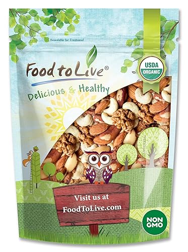 Food to Live - Nueces crudas mixtas orgánicas, 8 onzas de anacardos, nueces de Brasil, nueces, almendras, sin OMG, Kosher, crudas, veganas, sin sal,