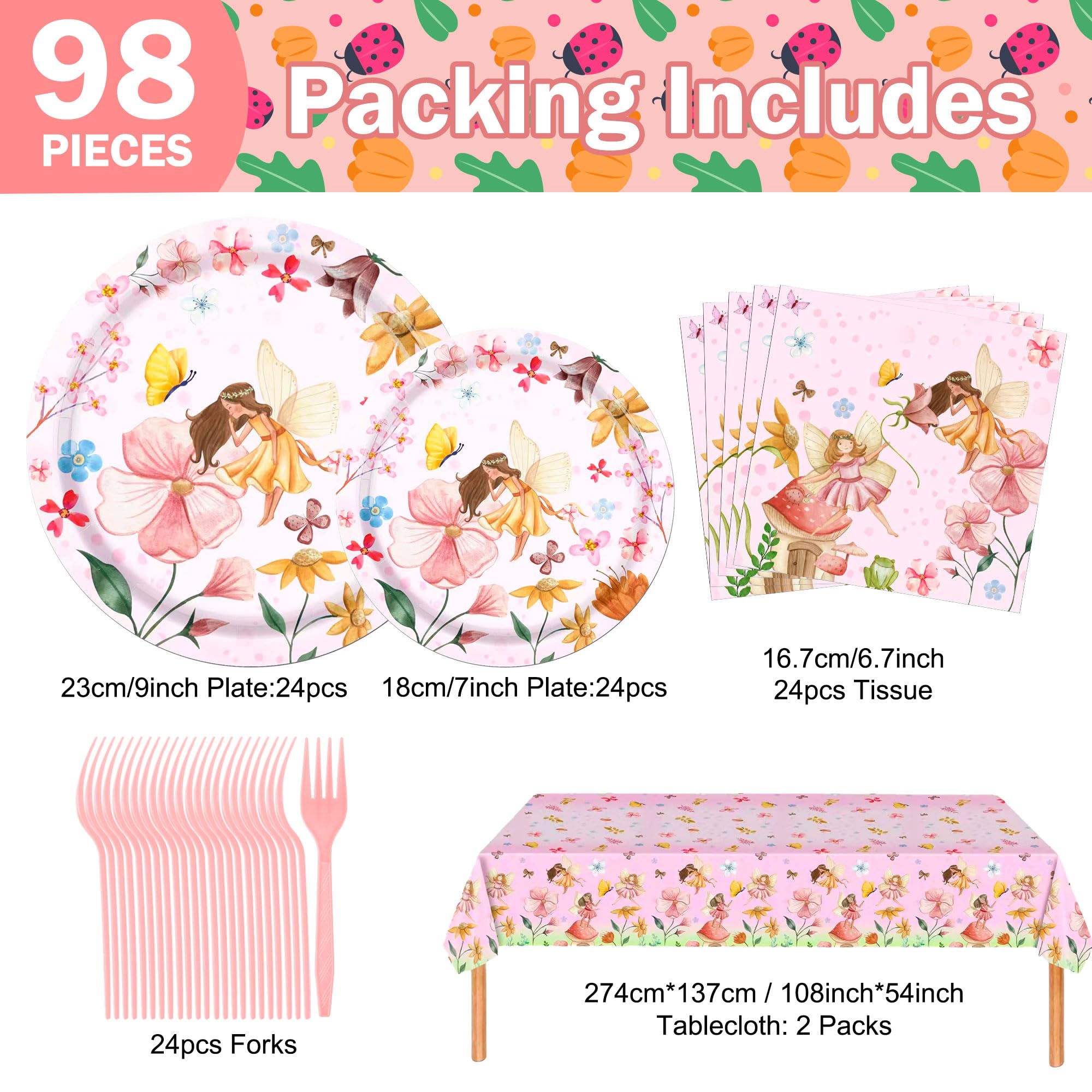 Fairy Birthday Decorations, 98Pcs Garden Party Decorations Fairy Plates and Napkins with Table Cloth for Garden Baby Shower Girl First 2nd Birthday Party Tea Party Serves 24