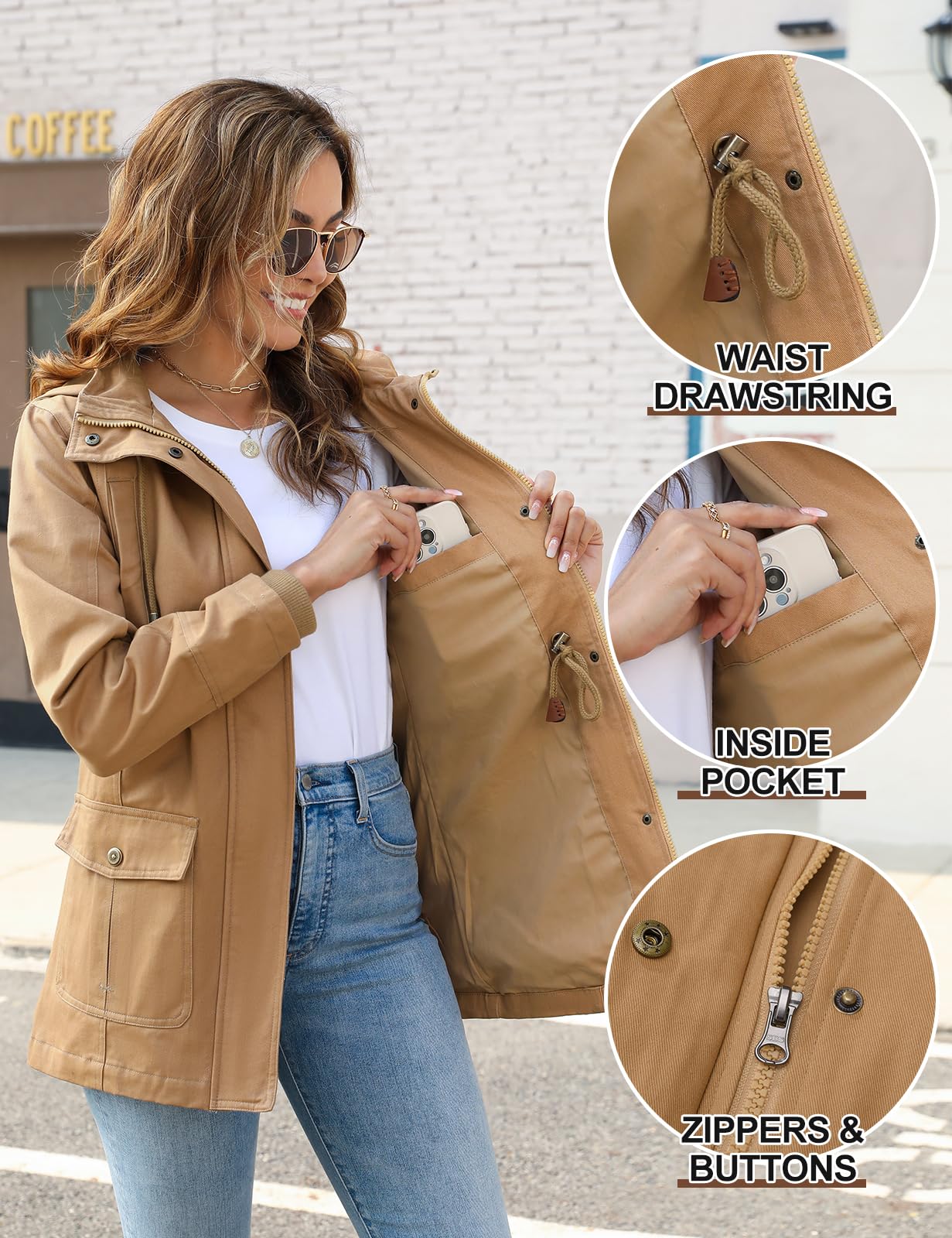 Tuopuda Chaqueta Militar Mujer Primavera Otoño Parka Entretiempo Cazadora Algodón Casual Sahariana Cintura Alta Cordón Zip Up Capucha Multibolsillos Aviador Abrigos Chaquetas Verano
