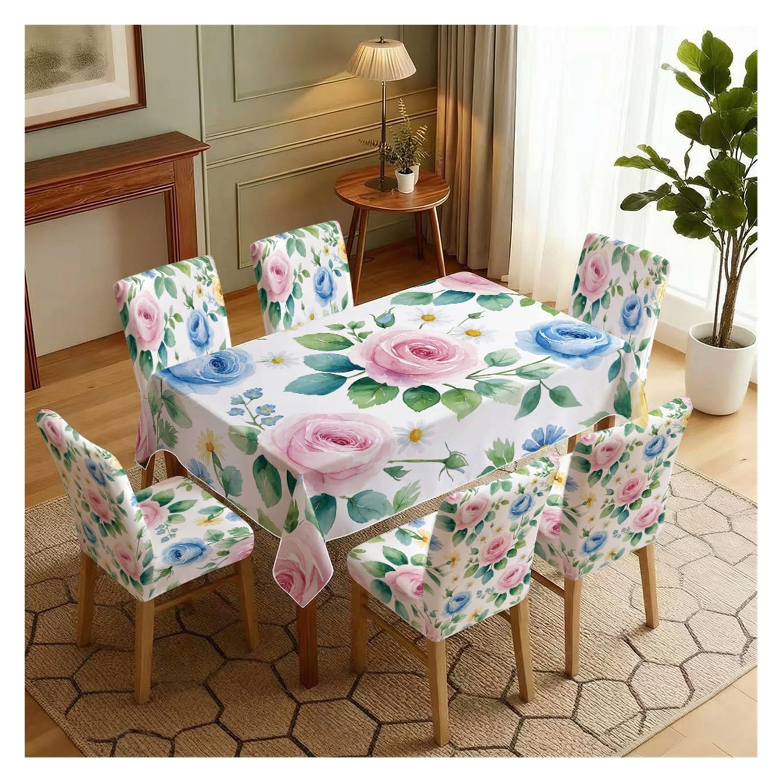 KXUAUV Watercolor Rose Print Tablecloth & Chair Covers Set, Slipcovers For Dining Room, Kitchen, Brunch & Cottage Decor, 5/7 Pack Party Decor(7pcs Set: Tablecloth+Chair Covers)