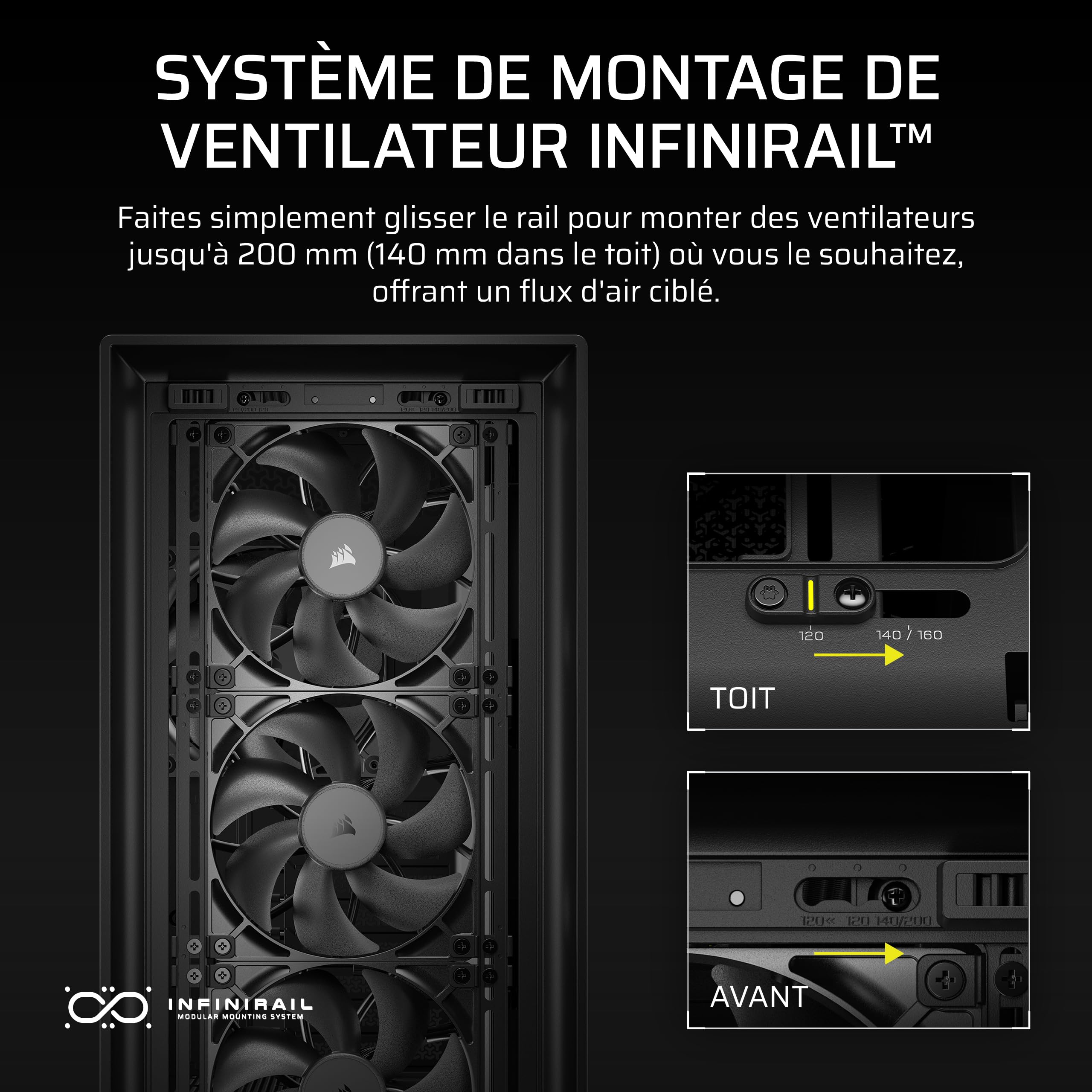CORSAIR Frame 5000D RS Boîtier Modulaire Mid-Tower à Haut Débit d'air – 4X Ventilateurs RS Pré-Installés, Système de Support pour Ventilateur InfiniRail – Noir