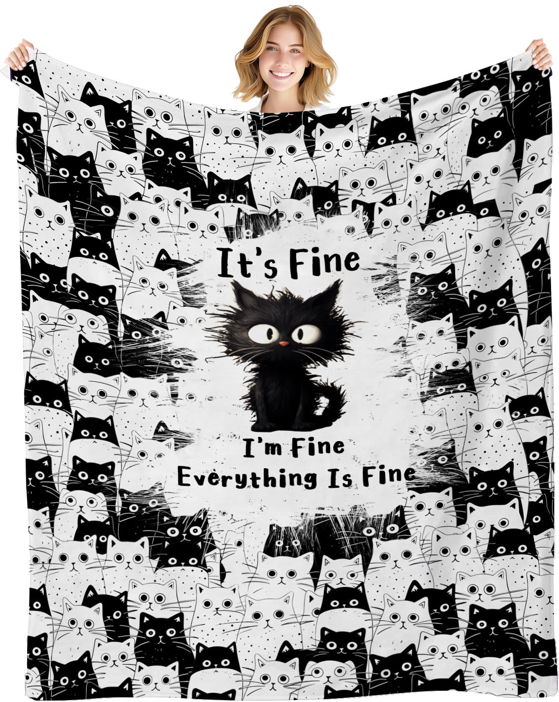 Axuluxal Women's Black Cat Gifts, Cat Gifts For Cat Lovers, I'm Fine Everything Is Fine Blanket 50"X60", Cat Themed Gifts, Cat Lovers Gifts For Halloween Decor Flannel Blanket For Bed Sofa
