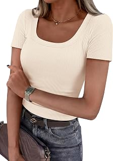 PRETTYGARDEN Women's Scoop Neck Ribbed Knit Tops - 2026 Summer Trendy Short Sleeve Fitted Basic Tees Casual Shirts