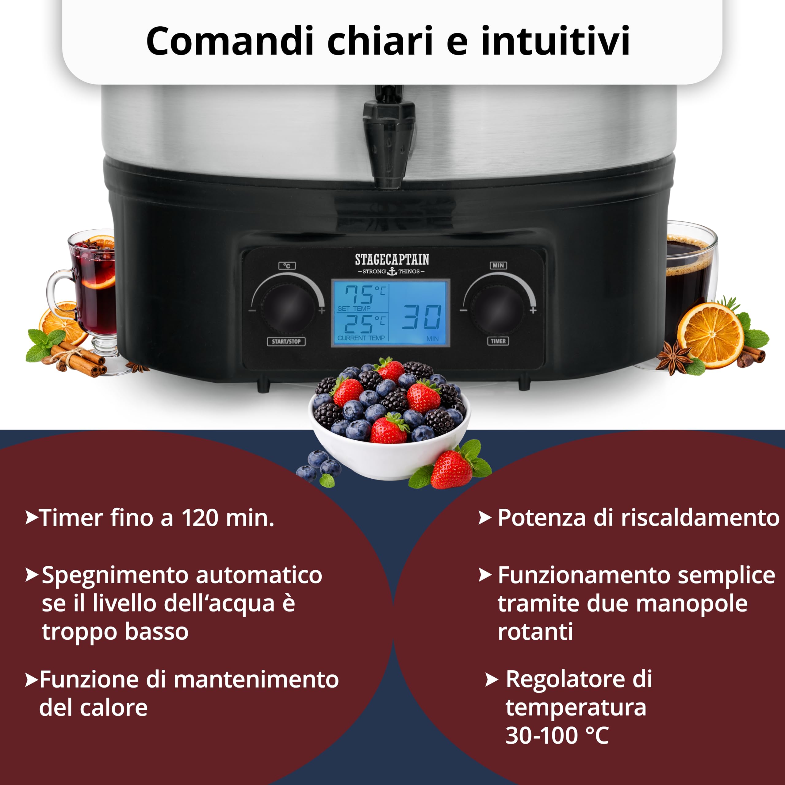 Stagecaptain GWK27D Scaldavino 27 L per vin brulé, bevande calde, marmellate, frutta e zuppe — 2000 W, acciaio inox, regolatore temperatura, timer, spegnimento automatico, display LCD