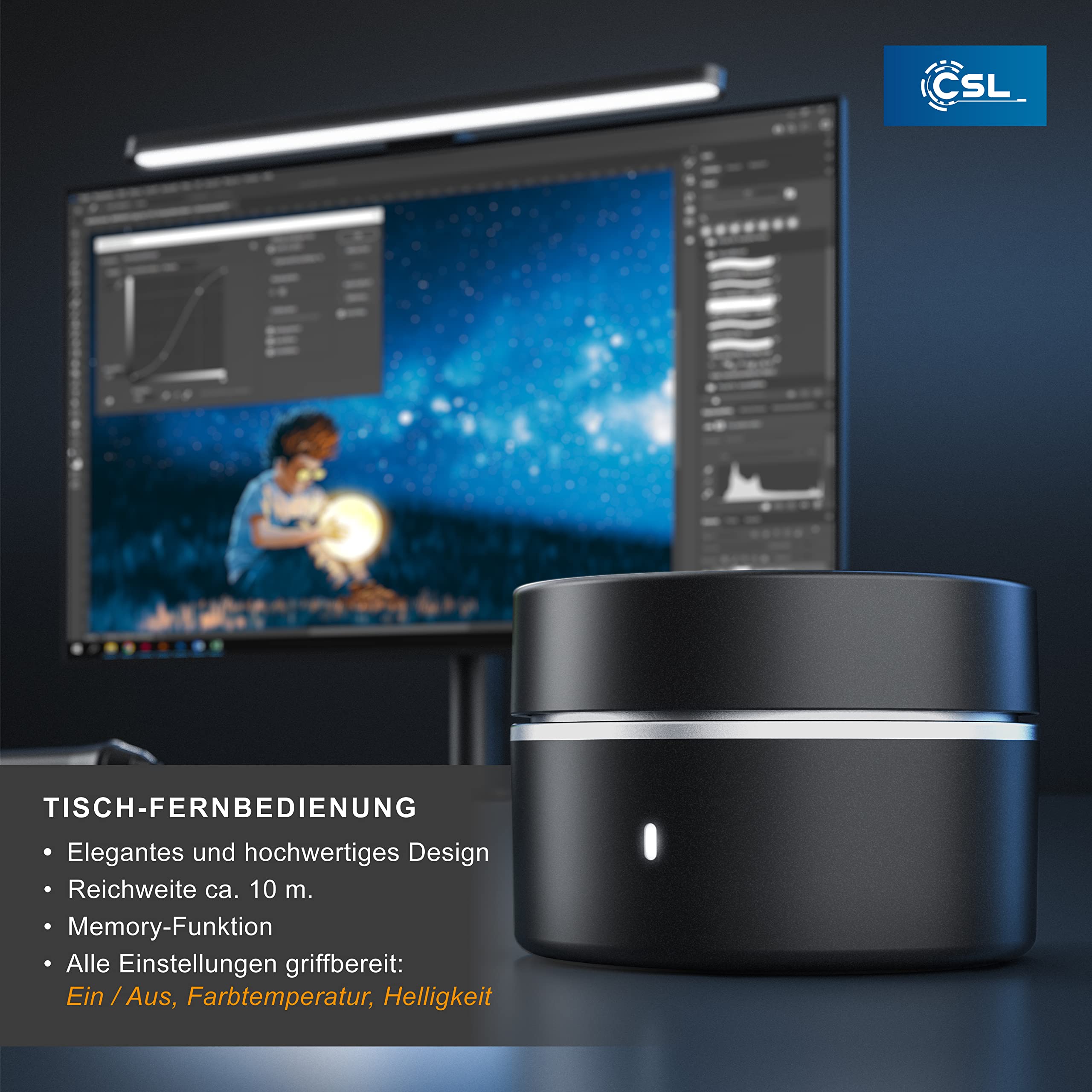 CSL-Computer Monitor Lampe LED dimmbar mit 8 Helligkeits und 3 Farbstufen, USB Monitorlampe mit asymmetrischer Abstrahlcharakteristik, blendfreie Ausleuchtung