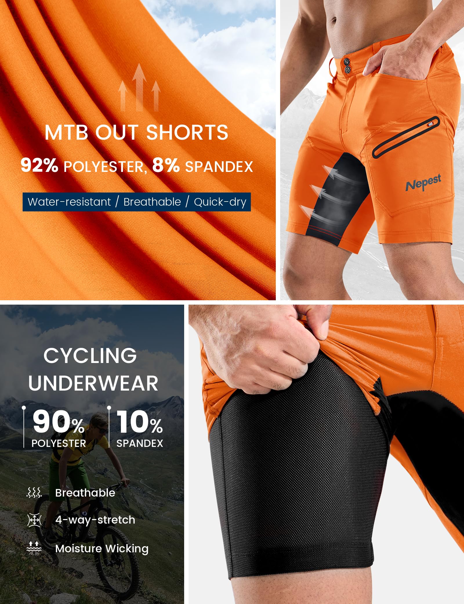 Nepest Short de VTT rembourré 3D pour Homme - Doublure rembourrée - Séchage Rapide - Poches zippées