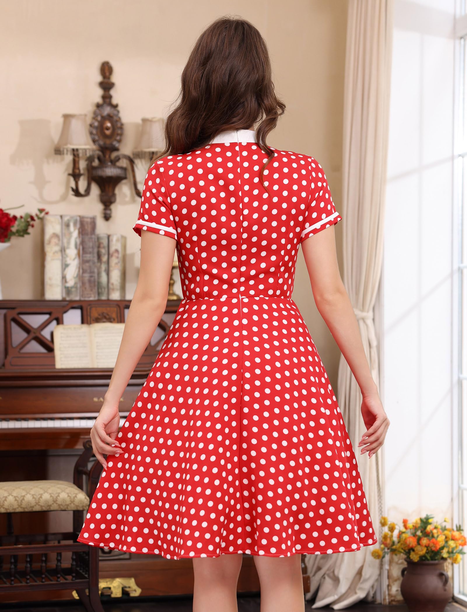Abito da donna in stile anni '50, vintage, a pois, con fiocco, per lavoro, stile Audrey Hepburn, Rockabilly, cocktail party, Rosso, XX-Large