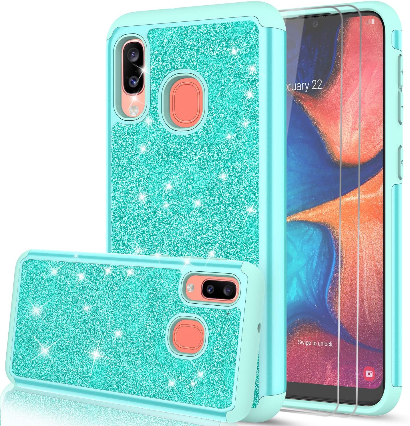 LeYi Compatible with Samsung Galaxy A30 / A20 Case with Glass Screen Protector [2 Pack] for Girls Women, Glitter Bling Dual Layer Heavy Duty Phone Cover Cases for Galaxy A20 / A30 / A205U TP Mint