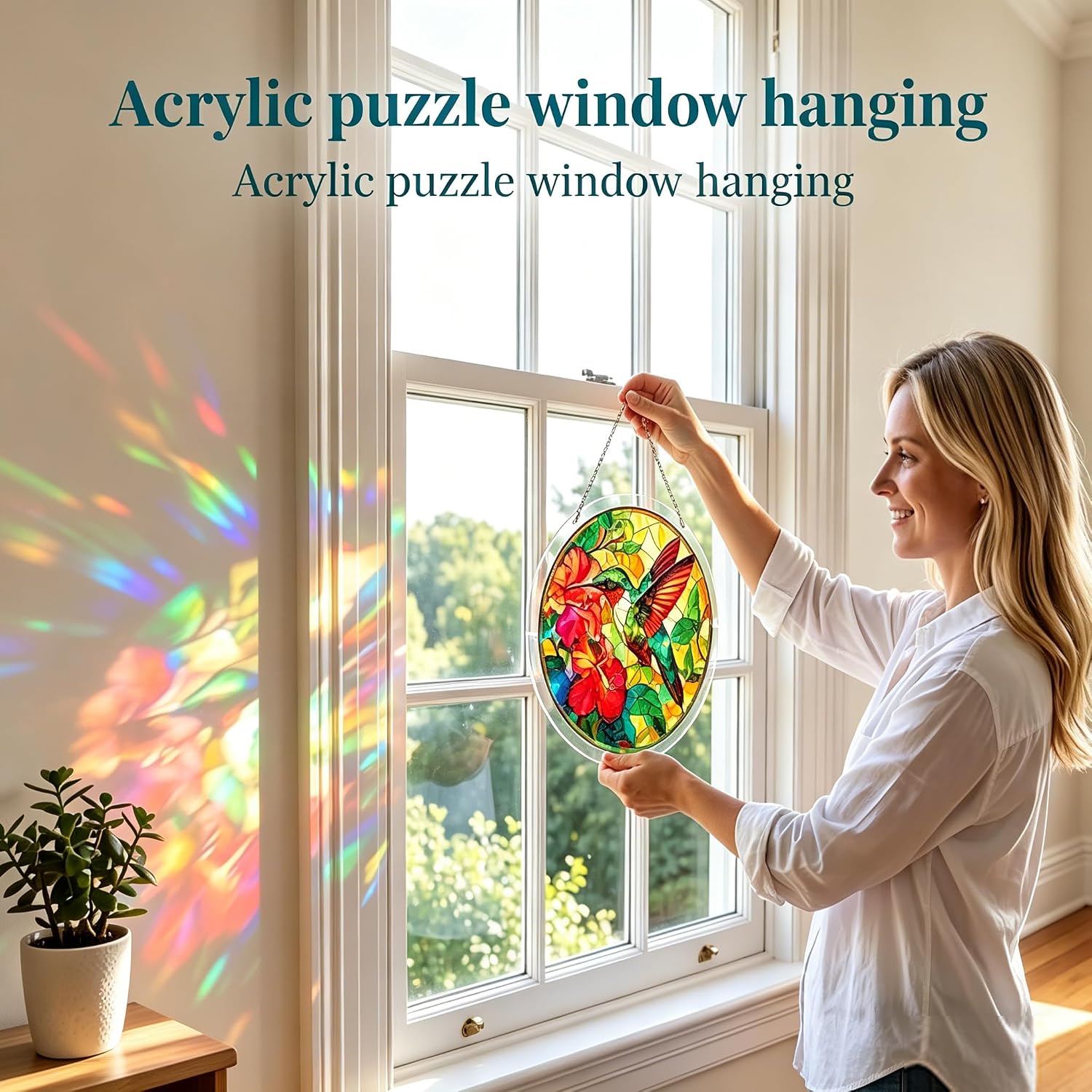 Acrylic Jigsaw Puzzle Suncatcher, Stained Glass Window Hanging, DIY Suncatcher Kit Home Decor for Window Garden Hanging, Gift for Women, Mom, Friends (H, 8 inch)
