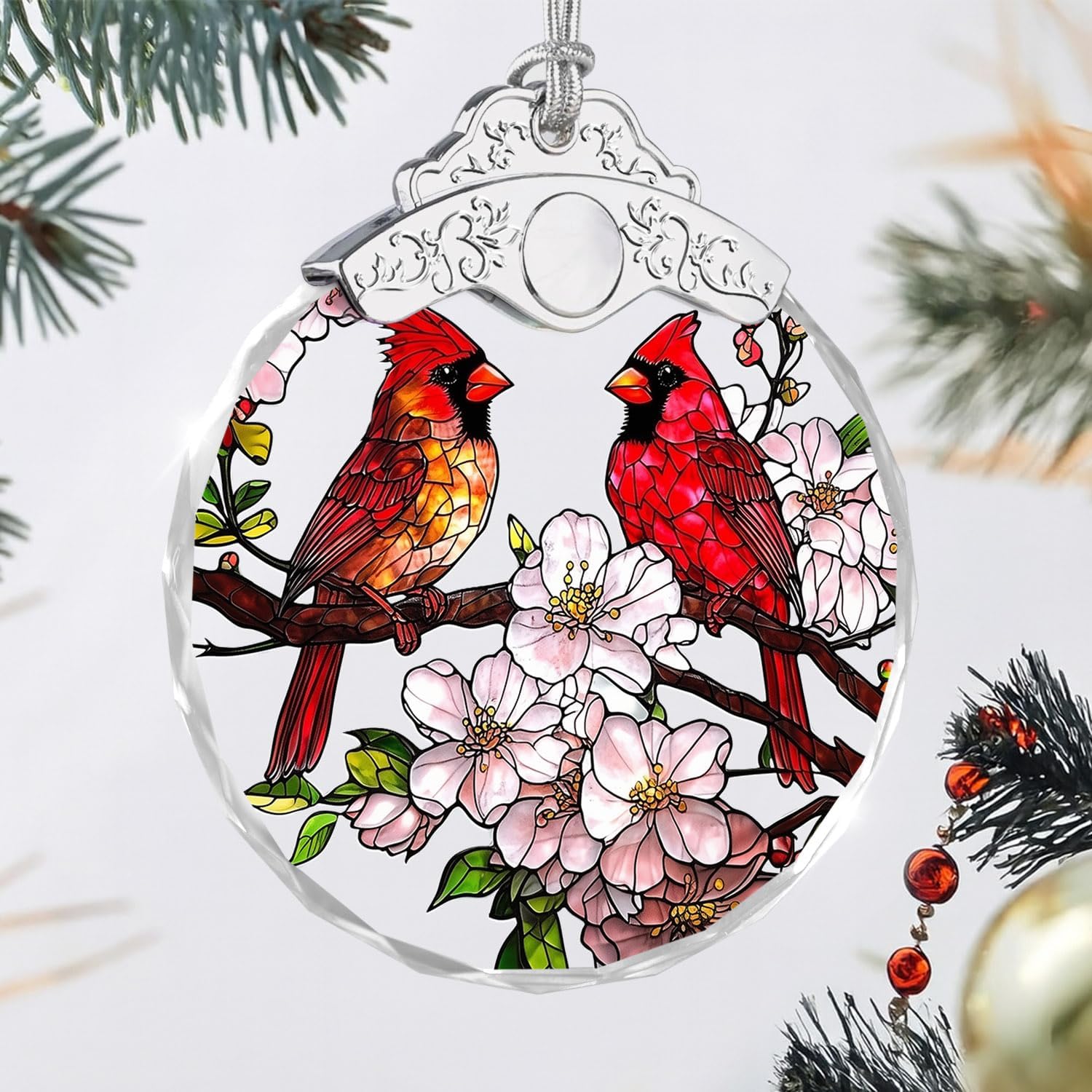 Glass Ornament - Cardinal Birds & Flowers - Cherry Blossom Branch & Bird Decor for Home Patio Porch - Mother's Day for Mom Dad - Unique Keepsake Couple Parent Friend Sister - Image 2