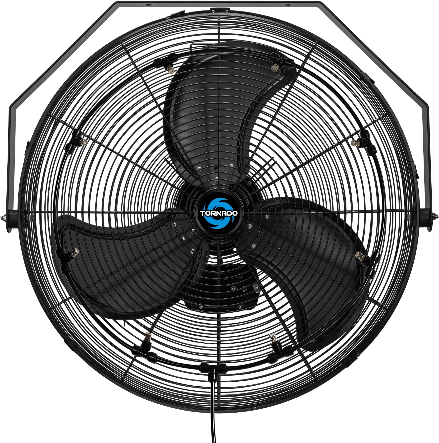 Tornado 24 Inch Outdoor Misting Wall Fan High Velocity Metal Industrial Workstation Wall Mount Fan For Commercial, Residential, Greenhouse Use TEAO Motor 3 Speed 8 Nozzles UL Safety Listed
