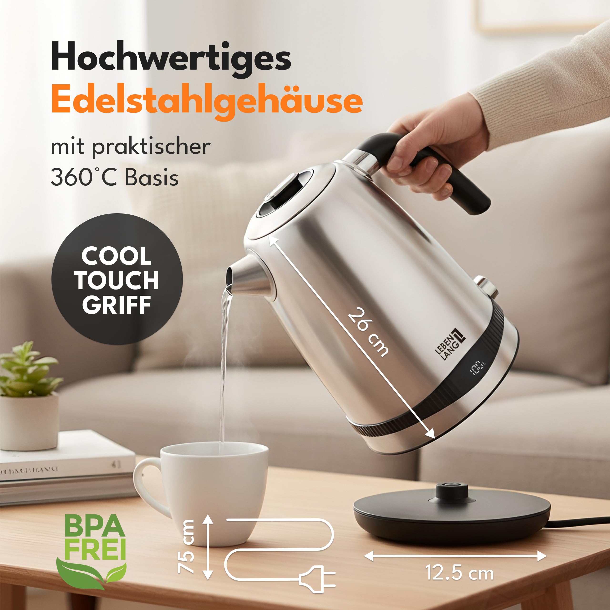 LEBENLANG Wasserkocher Edelstahl Temperatureinstellung – Leise, Temperaturanzeige & Warmhaltefunktion - 1,7 Liter & 2200W | Electric Kettle | Temperatur Edelstahl Wasserkocher Retro ohne Plastik