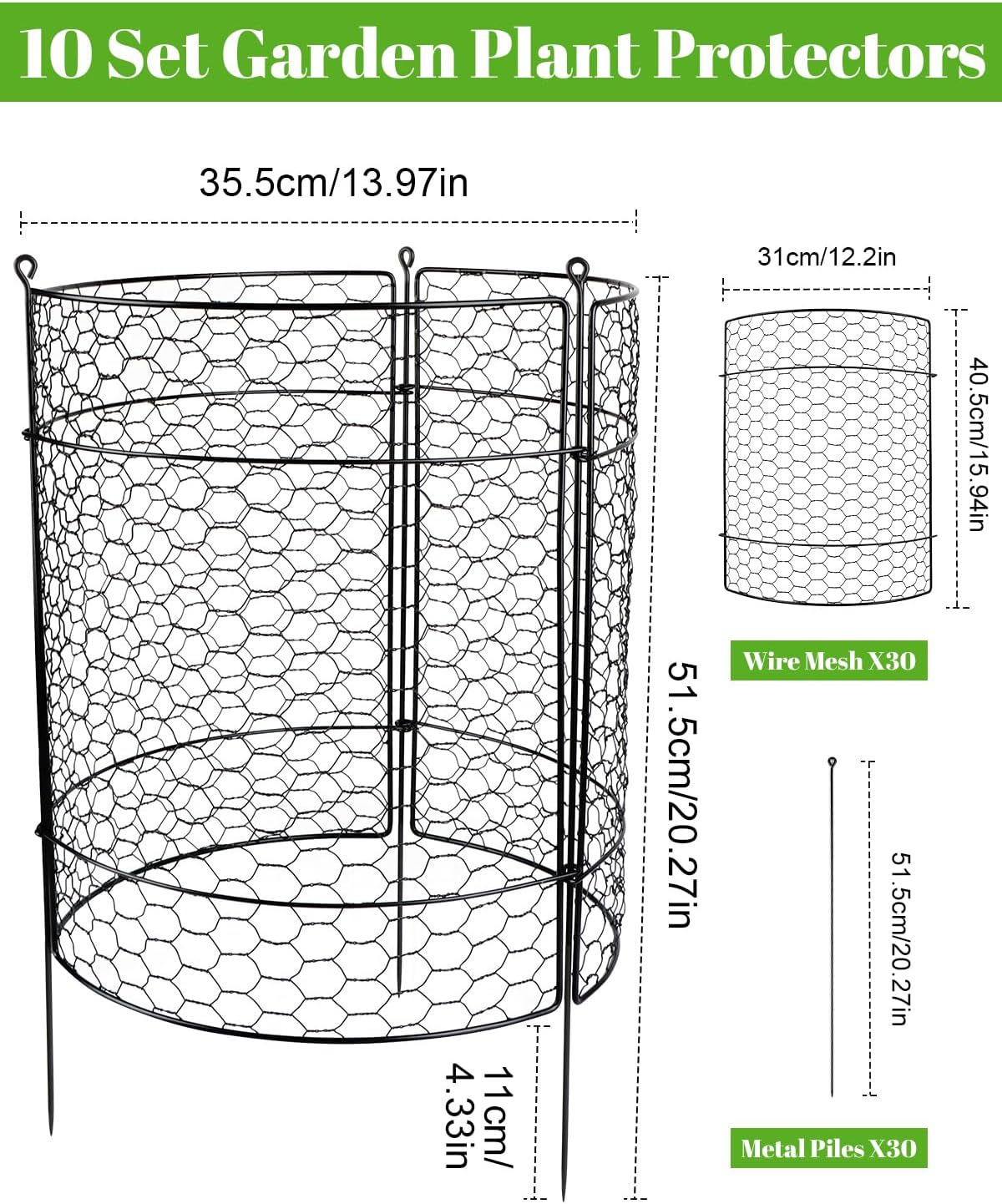 Kalolary 10 Packs Plant Protectors from Animals, 20'' x 14 Large Wire Plant Cage Metal Garden Plant Protection Chicken Wire Cloche with Stakes for Keeping Bunny Squirrels & Pets Out