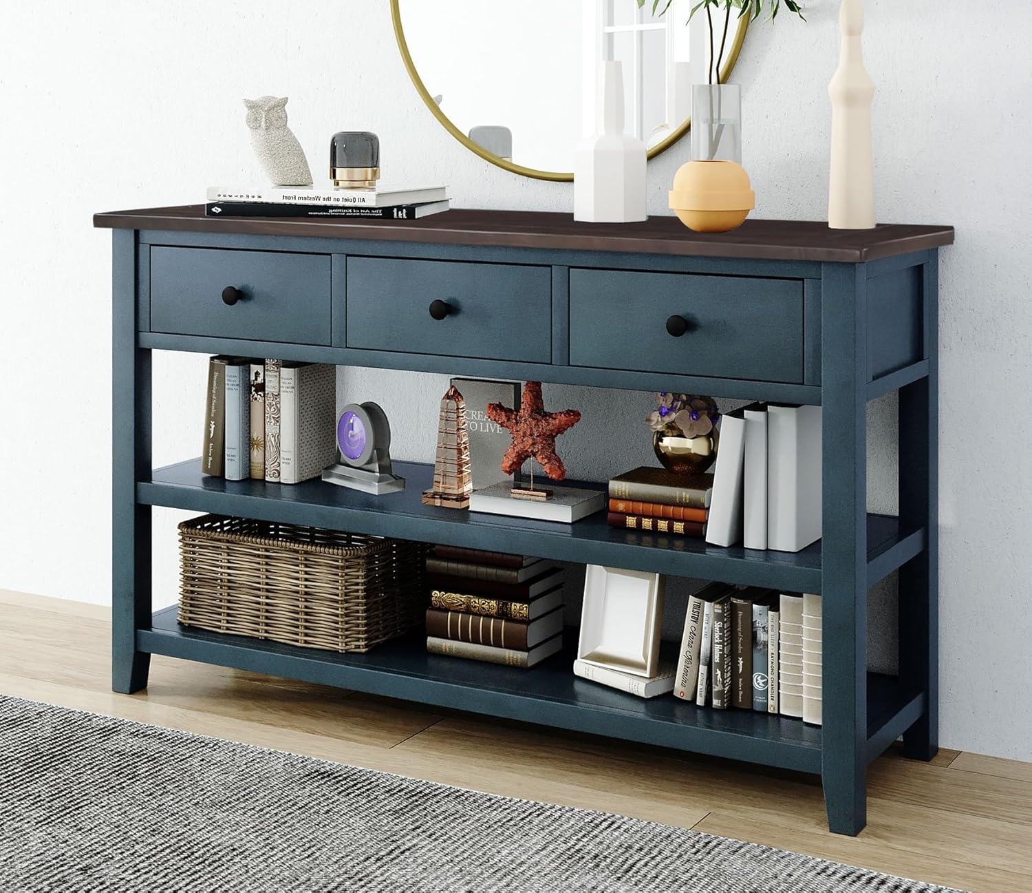 Knocbel Rustic Entryway Console Table with 3 Storage Drawers and Open Shelves, Entry Hallway Foyer Behind Sofa Couch Long Table, Easy Assembly (Navy)