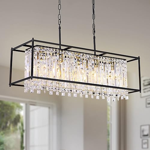 Candelabros de cristal para comedor, lámpara negra moderna para sala de estar, altura ajustable, lámpara colgante de 5 luces, iluminación