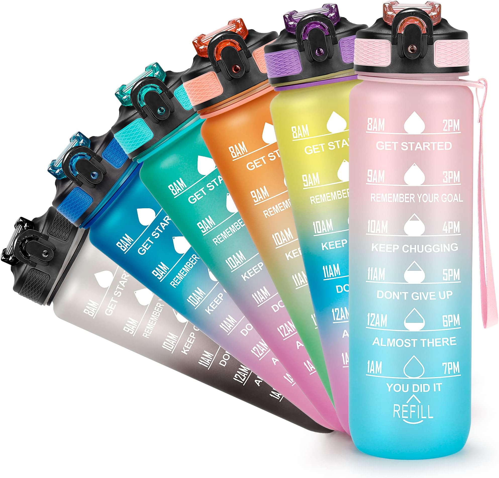 1 Litre Motivational Water Bottle with Time Marker, Leak-proof BPA Free Sports Water Bottles with Straw & Carrying Strap