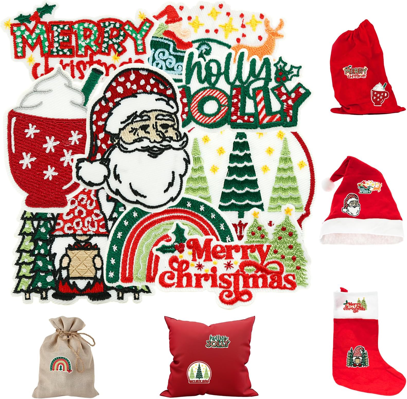 12PCS Christmas Iron On Patches - Santa Snowman Tree Embroidered Appliques For DIY