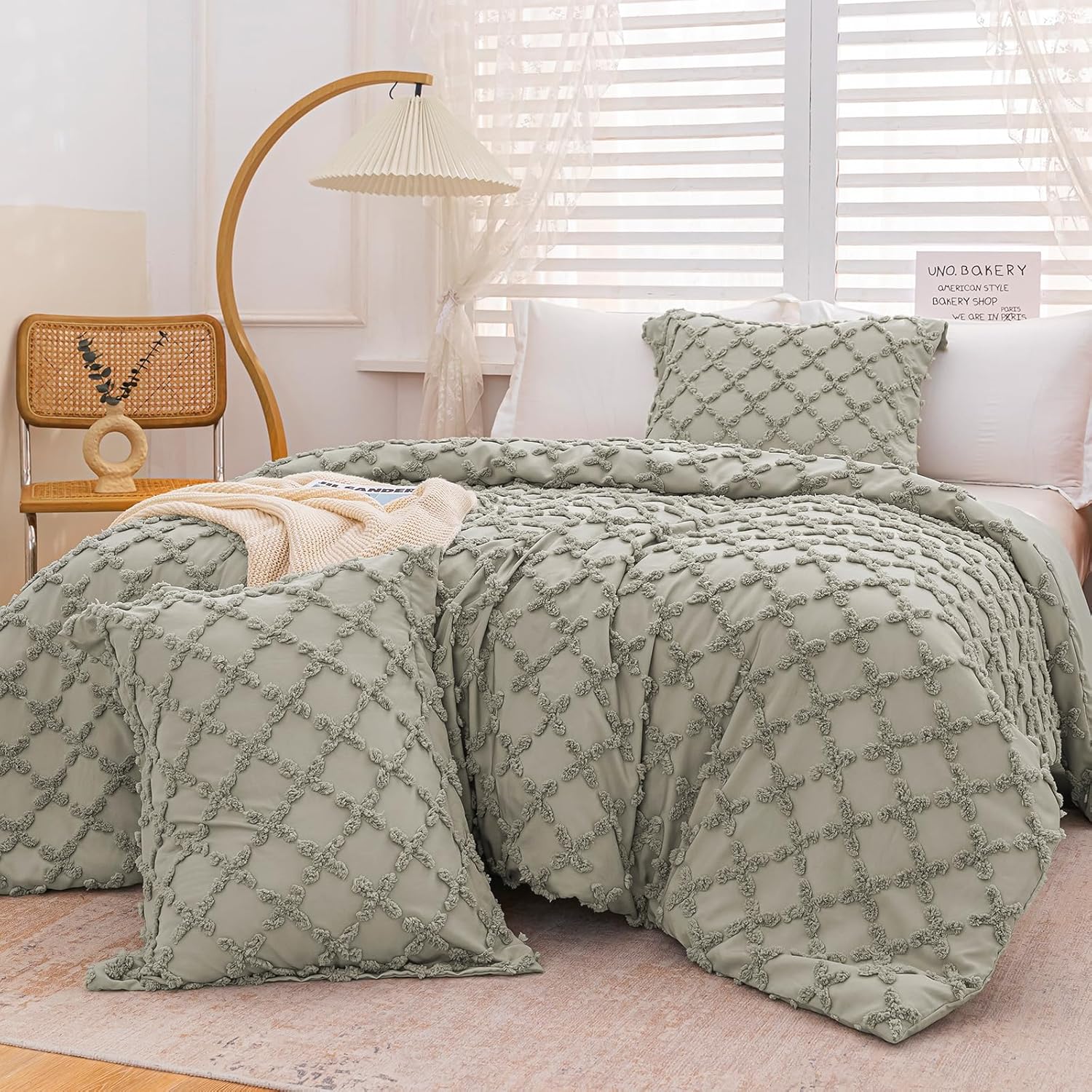MILDLY Boho Duvet Cover Queen Size, 3 Pieces Shabby Chic Tufted Mist Sage Duvet Cover Sets for Home, Soft Boho Textured Bedding Set for All Seasons-No Comforter