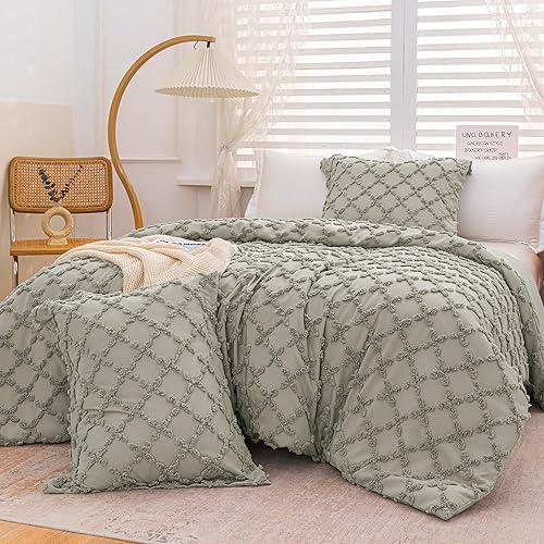 MILDLY Juego de funda de edredón tamaño Queen, 3 piezas, estilo Shabby Chic Boho copetudo niebla salvia para el hogar, juego de ropa de cama suave