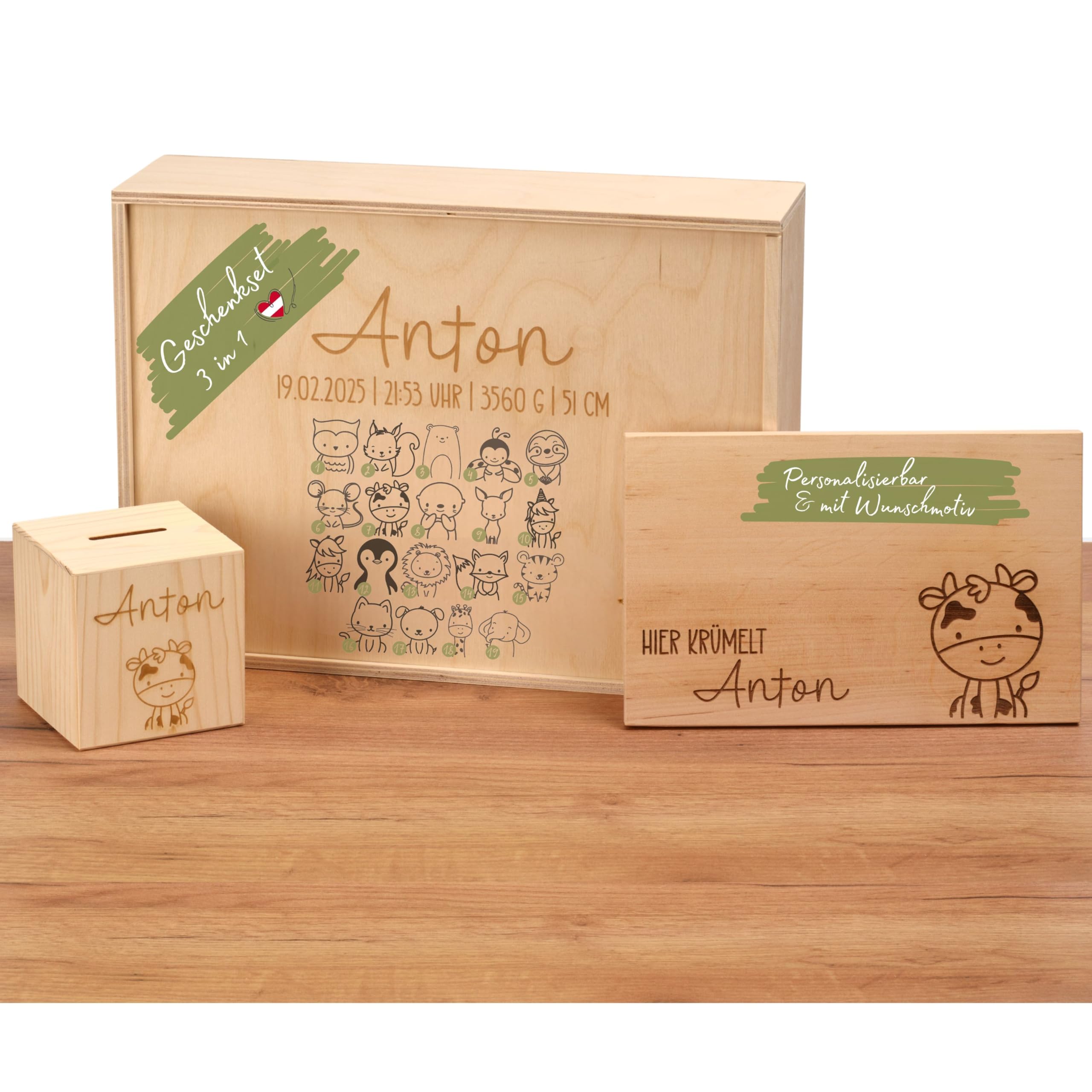 Sparset zur Geburt – Erinnerungsbox M mit Schiebedeckel + personalisierte Spardose + Krümelbrett mit Name – handgefertigt & individuell graviert