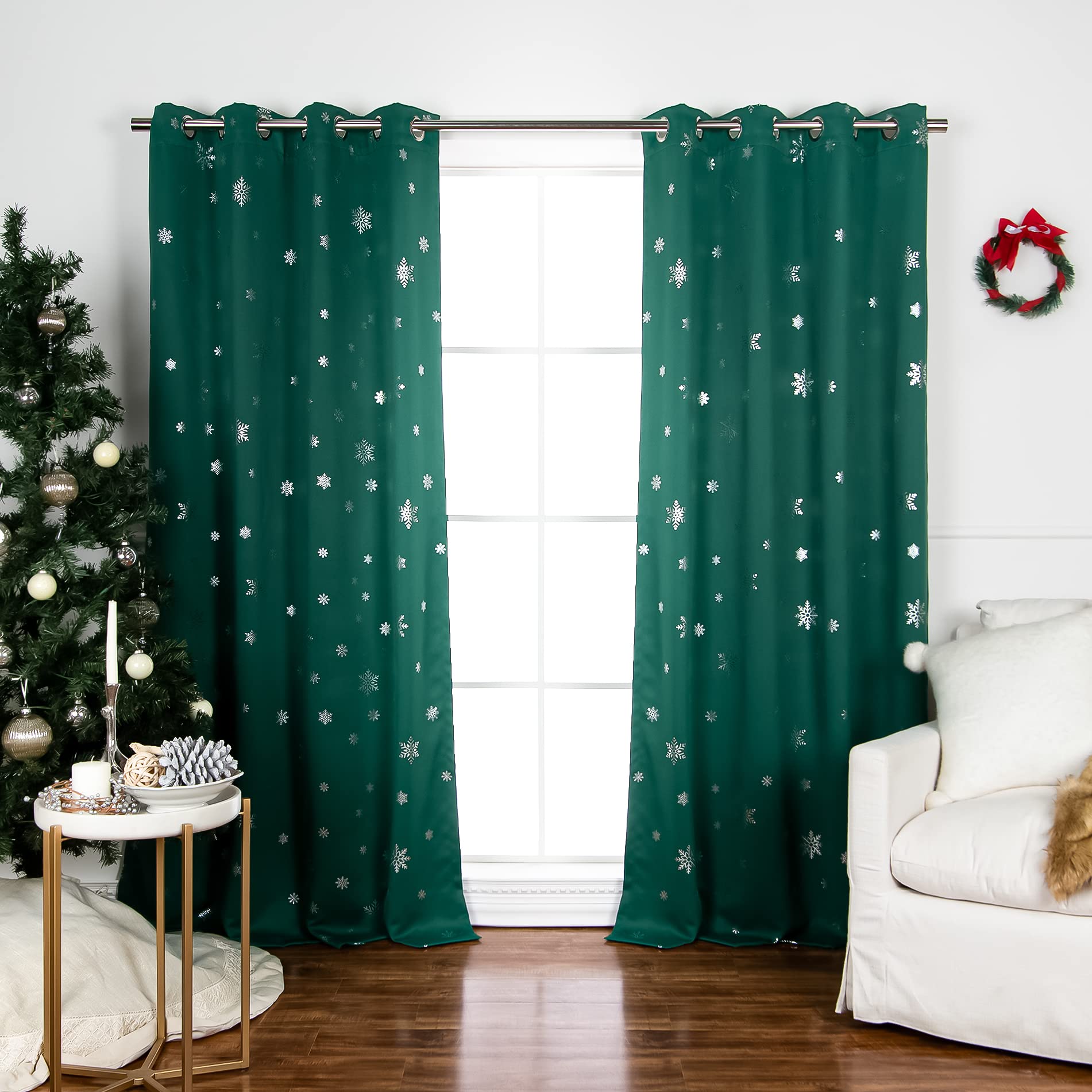 Best Home FashionSet of 2 Blackout Silver Snowflake Curtain Pair, Silver Grommet Window Panels for Bedroom, Living Room, Holiday, Christmas, Sun Blocking Thermal Insulated (52" W x 84" L, GREEN)