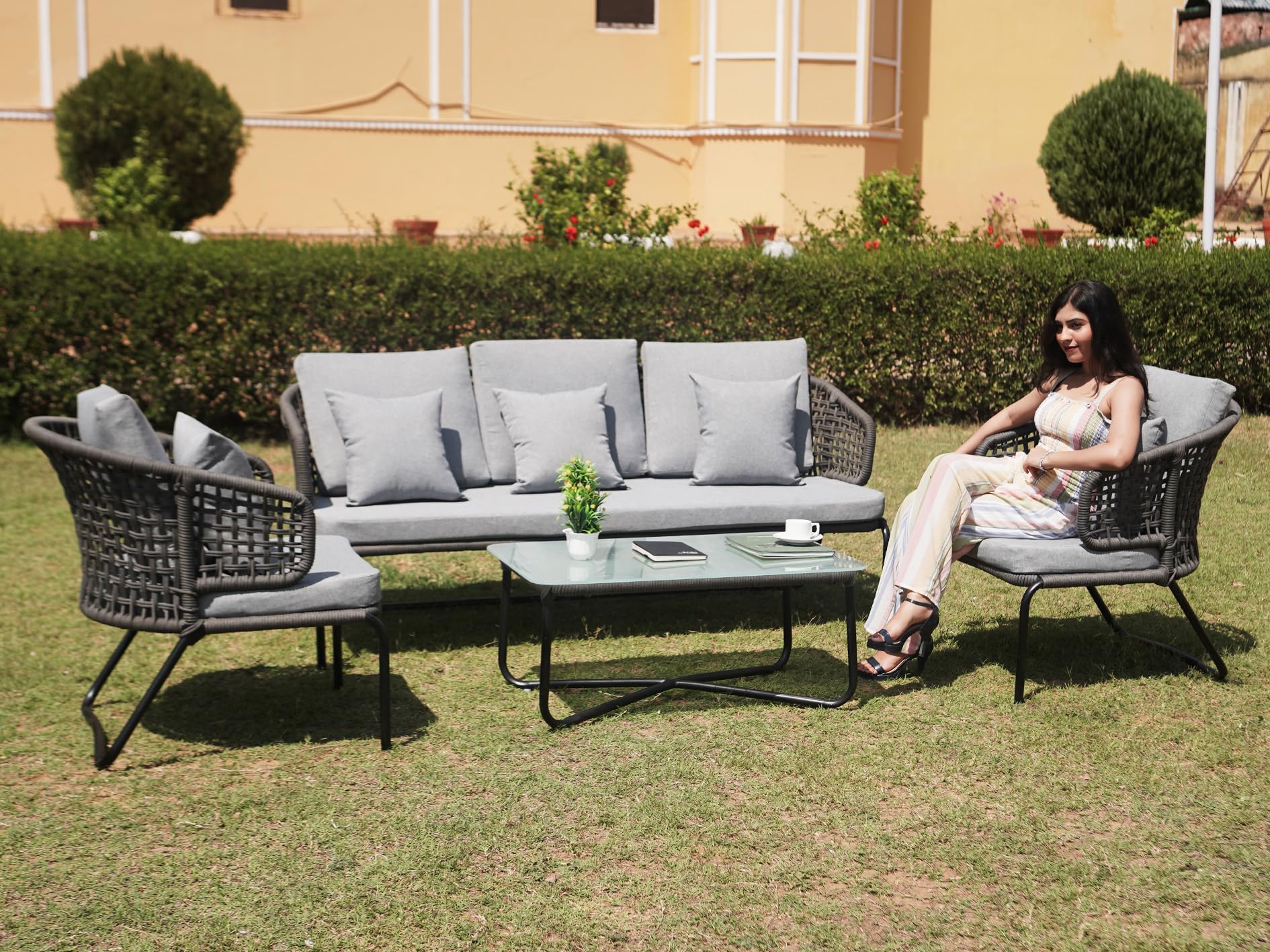 Mymigos Outdoor Patio Furniture Set, Rope Conversation Sofa Set with Glass Coffee Table, for Garden, Backyard,Terrace (Gray and Gray) 1