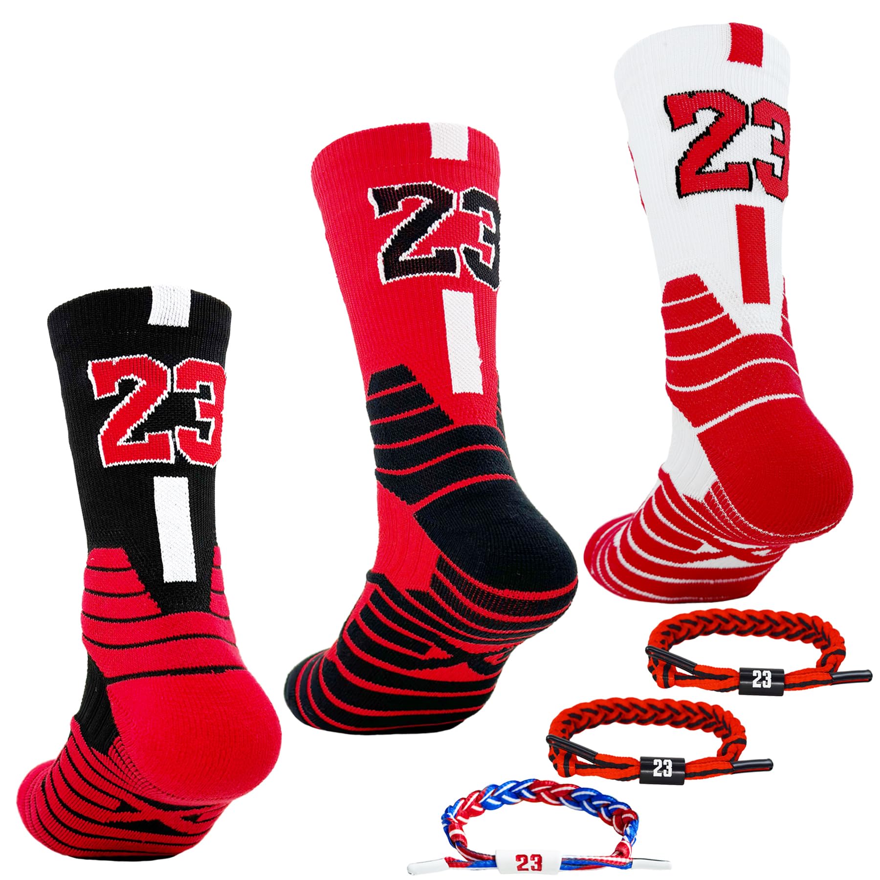Popuid 3 Pairs Elite Basketball Crew Socks, 23 Mens Athletic Sock with Shoelace Bracelets, League Team Sports-Star-Fans Gift