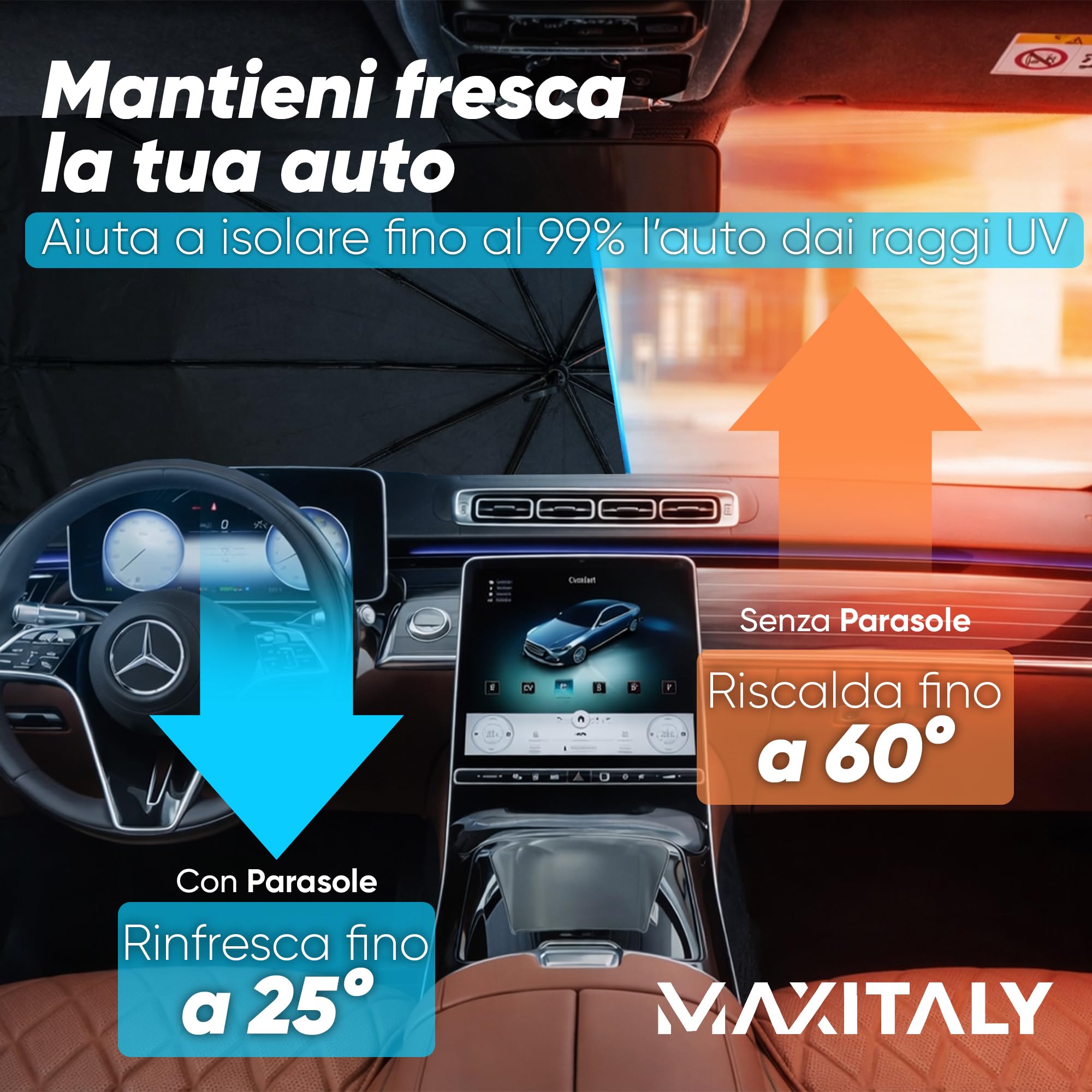 MAXITALY Ombrello Parasole Auto 138x75CM, Manico Pieghevole 360° Fibra Ossea, Parasole Auto Parabrezza Interno Fibra Riflettente Argento E Titanio, Ampia Compatibilità - Accessori Auto Premium