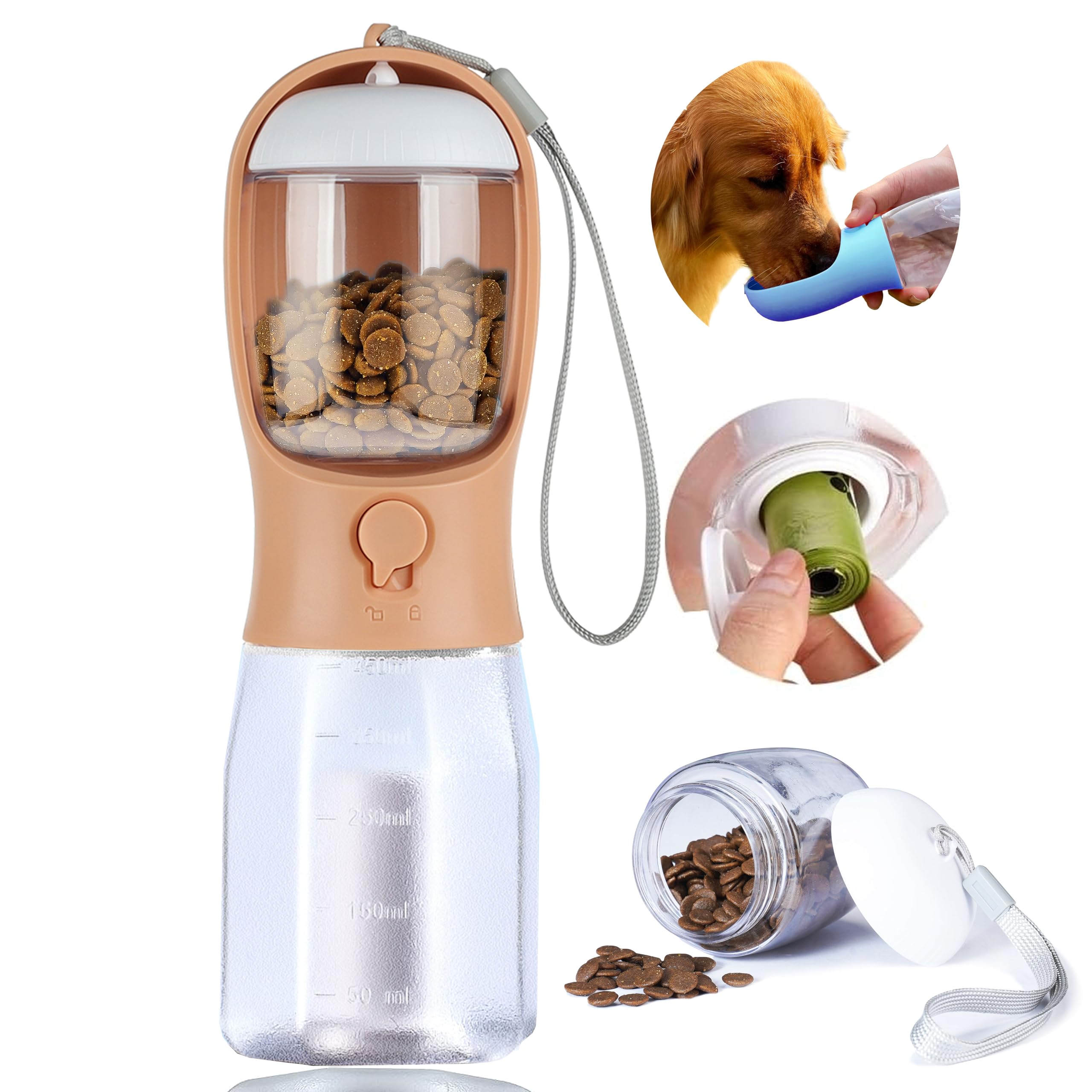 Dog Water Bottle with Food Container, Portable Pet Dog Water Dispenser for Outdoor Walking,Hiking,Travel,Puppy Essentials,Puppy Supplies,Replaceable Waste Bags