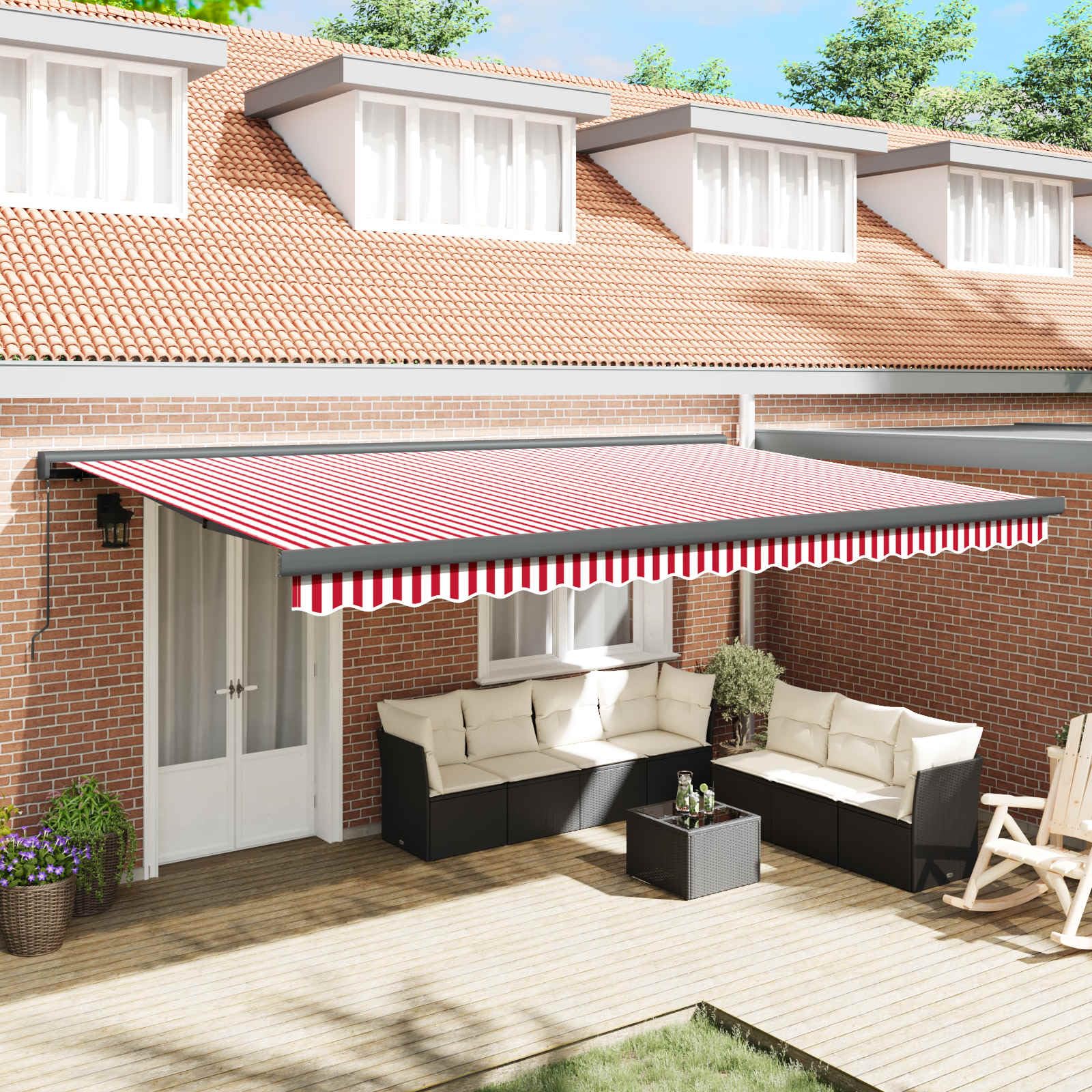 Wysuwana markiza czerwono-biała, 500 x 300 cm, na balkon, taras, do ogrodu, ochrona przed słońcem, odporna na warunki atmosferyczne, z mocowaniem na ścianie korbowej, odporna na wiatr i wodę