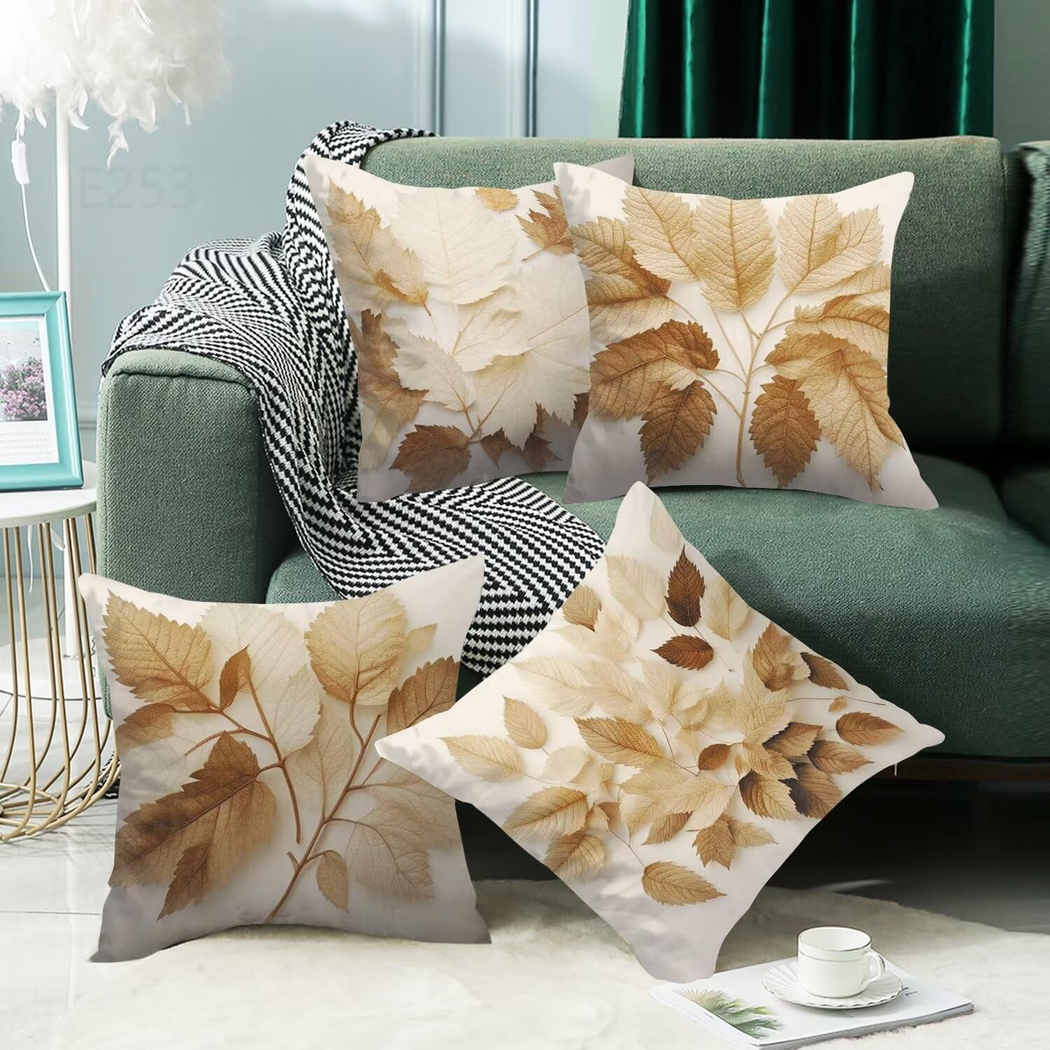 Cachi Federe Cuscini Divano 55x55cm,4 Pack Pianta Estate Esterno Cuscini per Divano,Doppio Lato Quadrato Morbido Cuscini Divano,per Divano Soggiorno Sedia Autunno Dekoration Cuscino,Regali LY-253