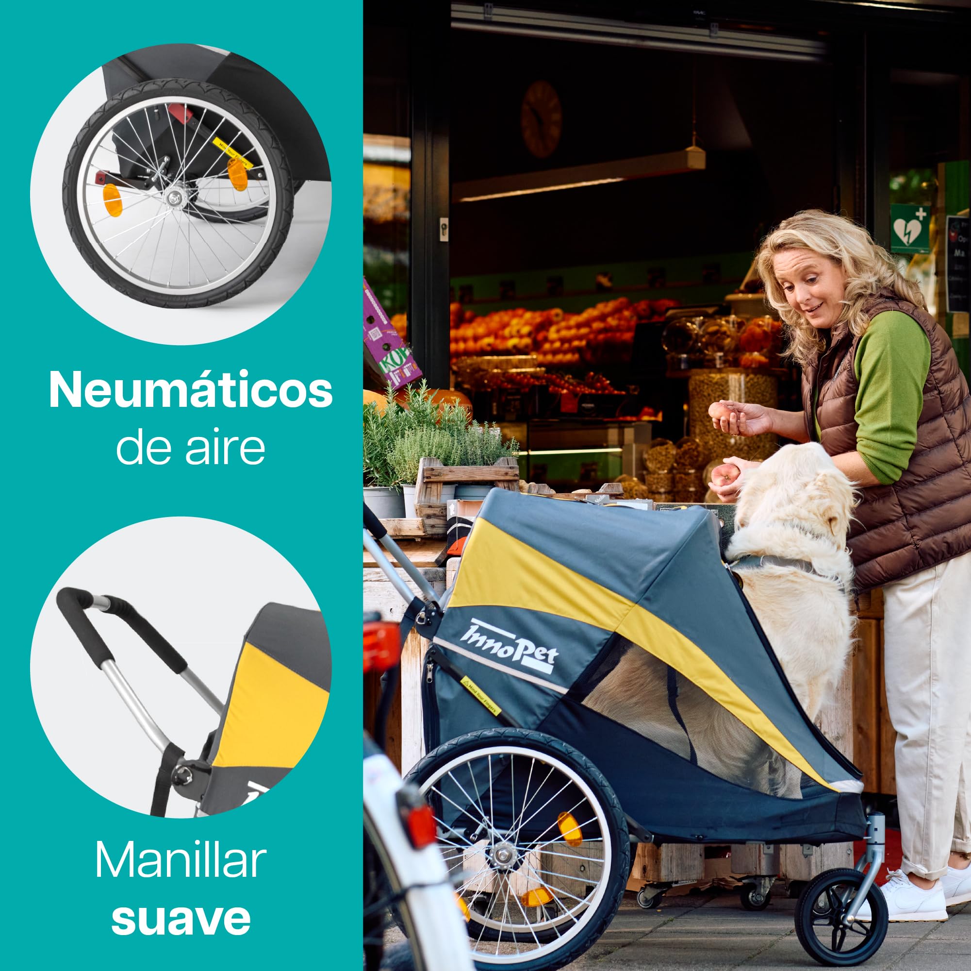 Innopet Hercules 2.0 Carrito para Perros Grandes (hasta 50 kg) - Amarillo/Gris. Incluye protector de lluvia, ruedas de 45 cm y montaje fácil sin herramientas