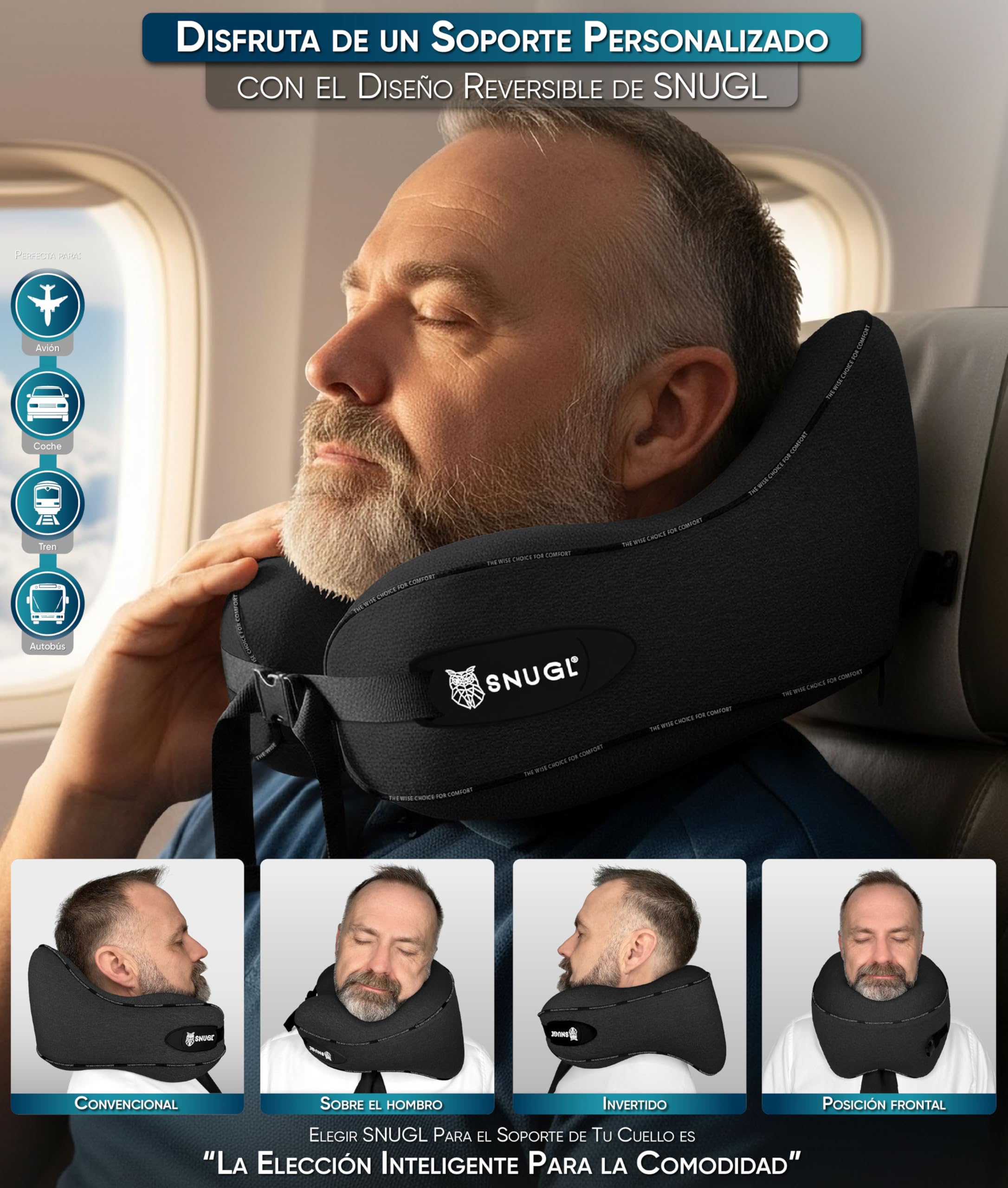 SNUGL Almohada de Viaje Ergonómica – Cojín Cuello Viaje de Espuma Viscoelástica | Almohada Cervical con Bolsa de Transporte para Coche y Avión | (Negro - Adulto Pequeño)