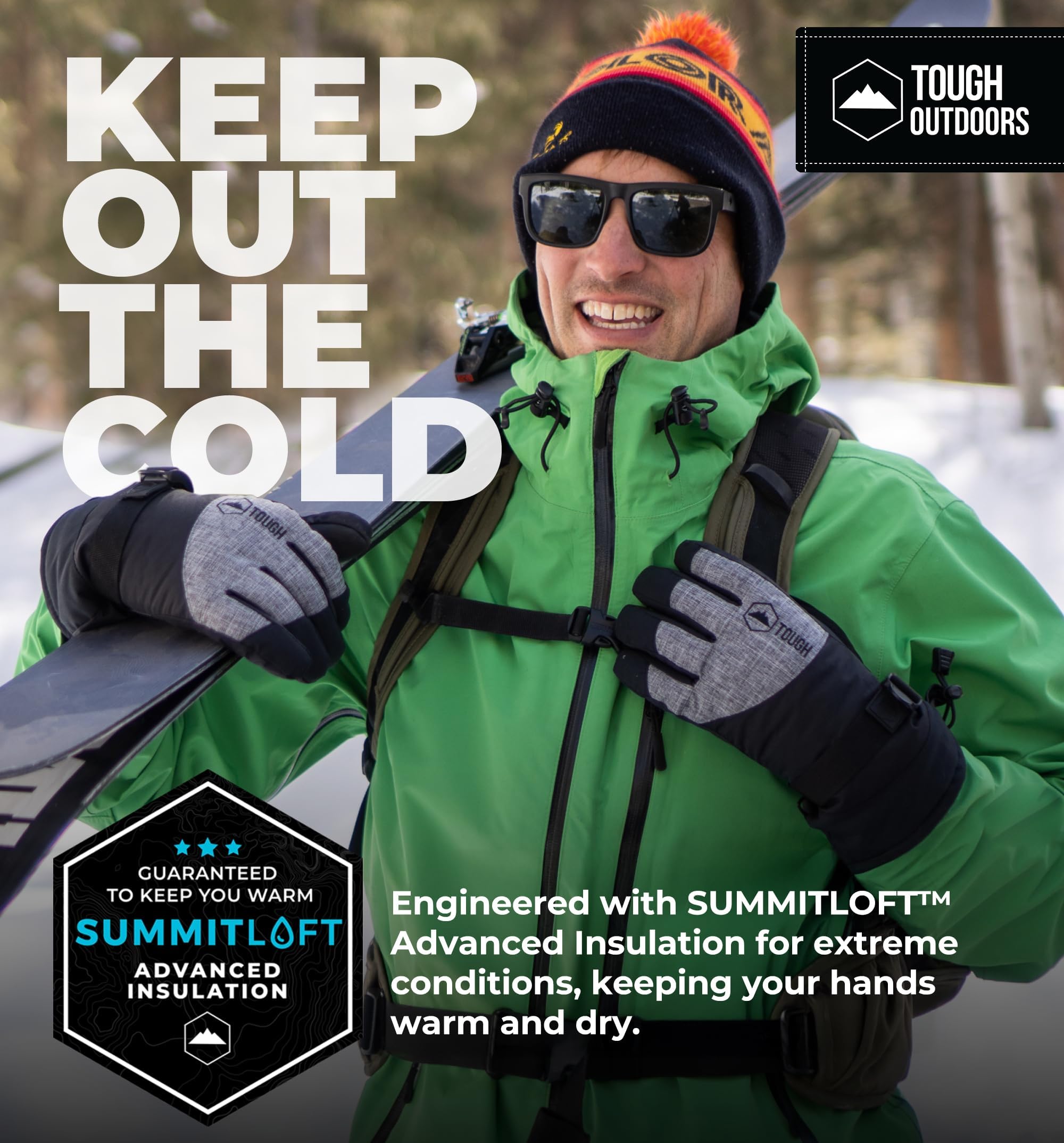 Tough Outdoors Gants de Ski et de Neige – Gants de Snowboard imperméables et Coupe-Vent pour Homme et Femme pour Temps Froid – avec laisses de Poignet, Coque en Nylon, Isolation Thermique et Paume en