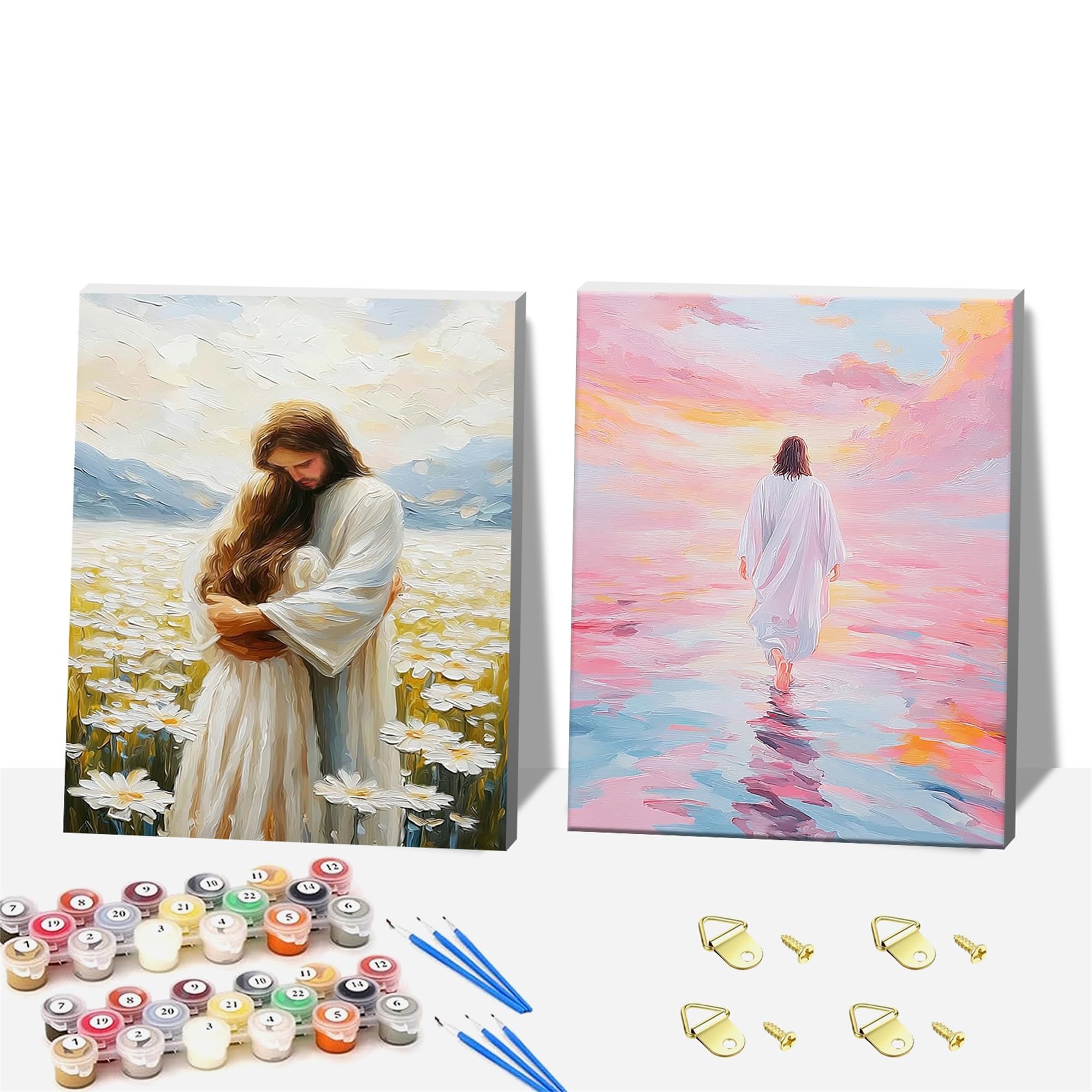 DIY 2 Pcs Jesus Paint by Numbers for Adults,Wooden Framed Painting by Number Kits on Canvas,Acrylic Color by Numbers for Adult Beginner,Gifts Decor for Home Wall Room (Jesus)