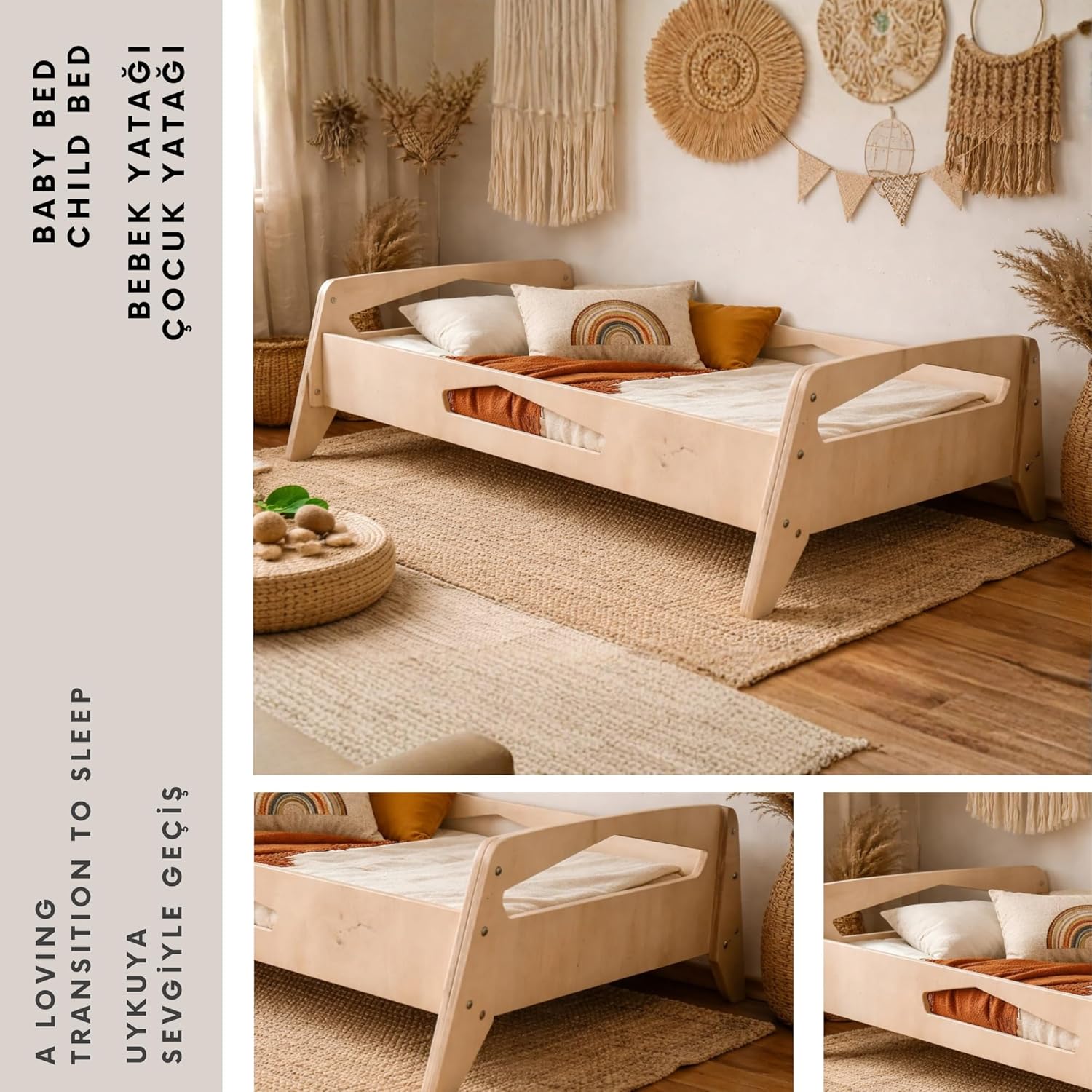 Diamond Lamine Wooden Baby Bed & Cradle, Natural Beech Wood Toddler Bed with Stable Fixed Design, Breathable Mattress Included as Gift, Indoor Use, 50.4 x 31.5 x 15.4 in