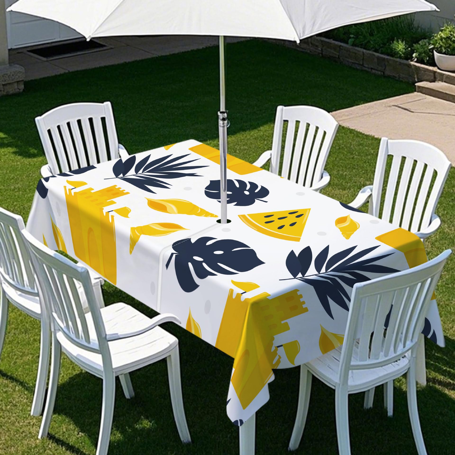 Chickwin Outdoor Tablecloths with Parasol Hole, Summer Flowers Tablecloth Rectangular Waterproof Stain Resistant Wipe Clean for Garden Table, Family Gatherings, BBQs, Party (White,84x60in)