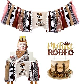 JOYMEMO Cowboy 1st Birthday Decorations Brown - My First Rodeo High Chair Banner Cake Topper with Crown Hat, Western Themed Birthday Party Supplies for Baby Boy