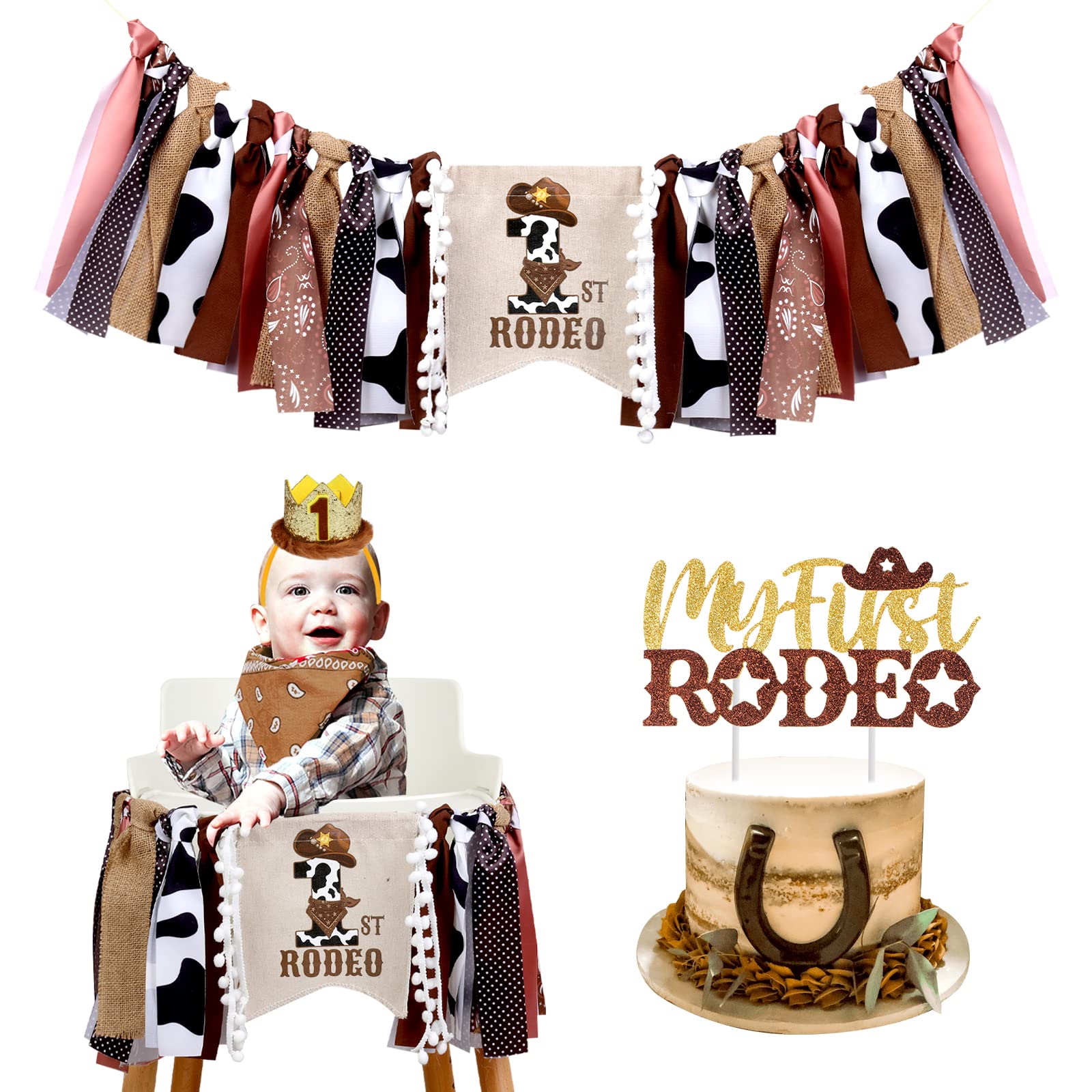 JOYMEMO Cowboy 1st Birthday Decorations Brown - My First Rodeo High Chair Banner Cake Topper with Crown Hat, Western Themed Birthday Party Supplies