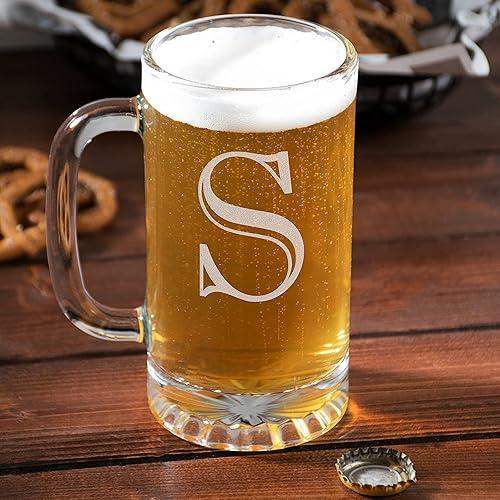 Miniatura 164 de Taza de cerveza de vidrio con monograma grabado de 16 onzas (letra T), regalos de cerveza personalizados de la A-Z para hombres, Día del Padre