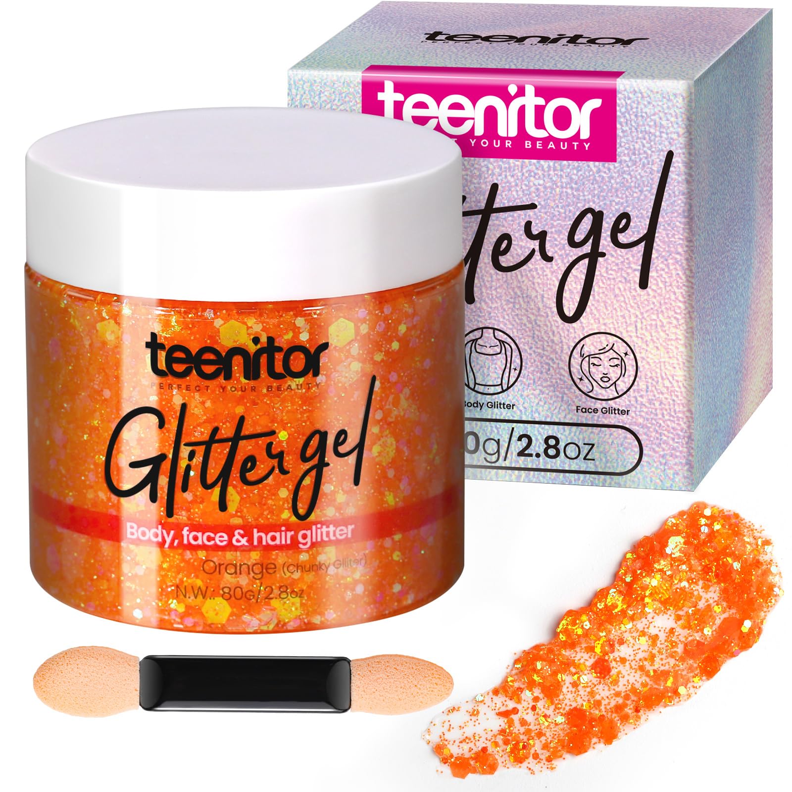 Teenitor Body Glitter Gel, Face Glitter, Orange Glitter for Body Makeup, 80g/2.8oz Face and Body, Hair Glitter Gel, Rave Glitter