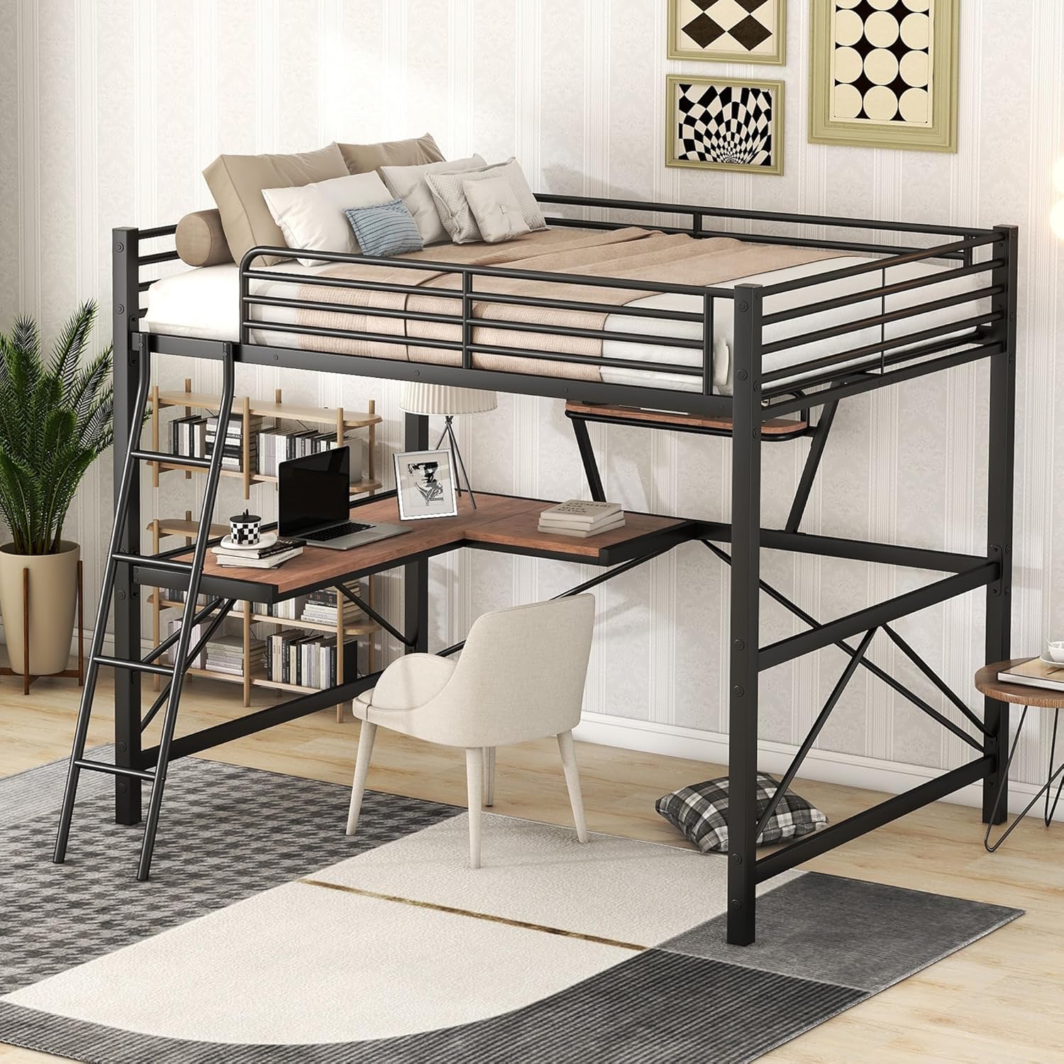 Loft Bed Full Size with Desk and Shelf, Metal Bedframe with Removable Ladder and Safety Guardrail, Full Bed Frame for Kids, Teens Adults, Spcace-Saving Noise-Free and Anti-tilt Design, Black